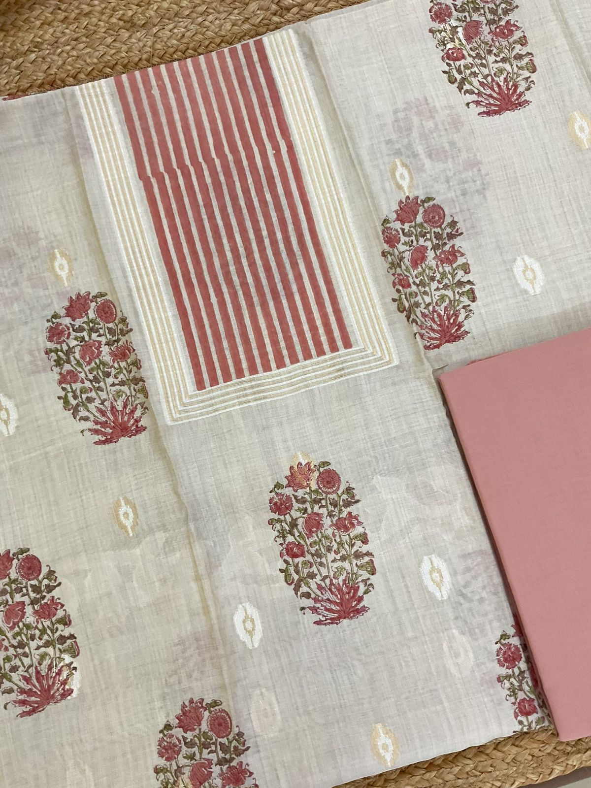 Pure Slub Chanderi Printed Jamdani Weaved Suit - Beige
