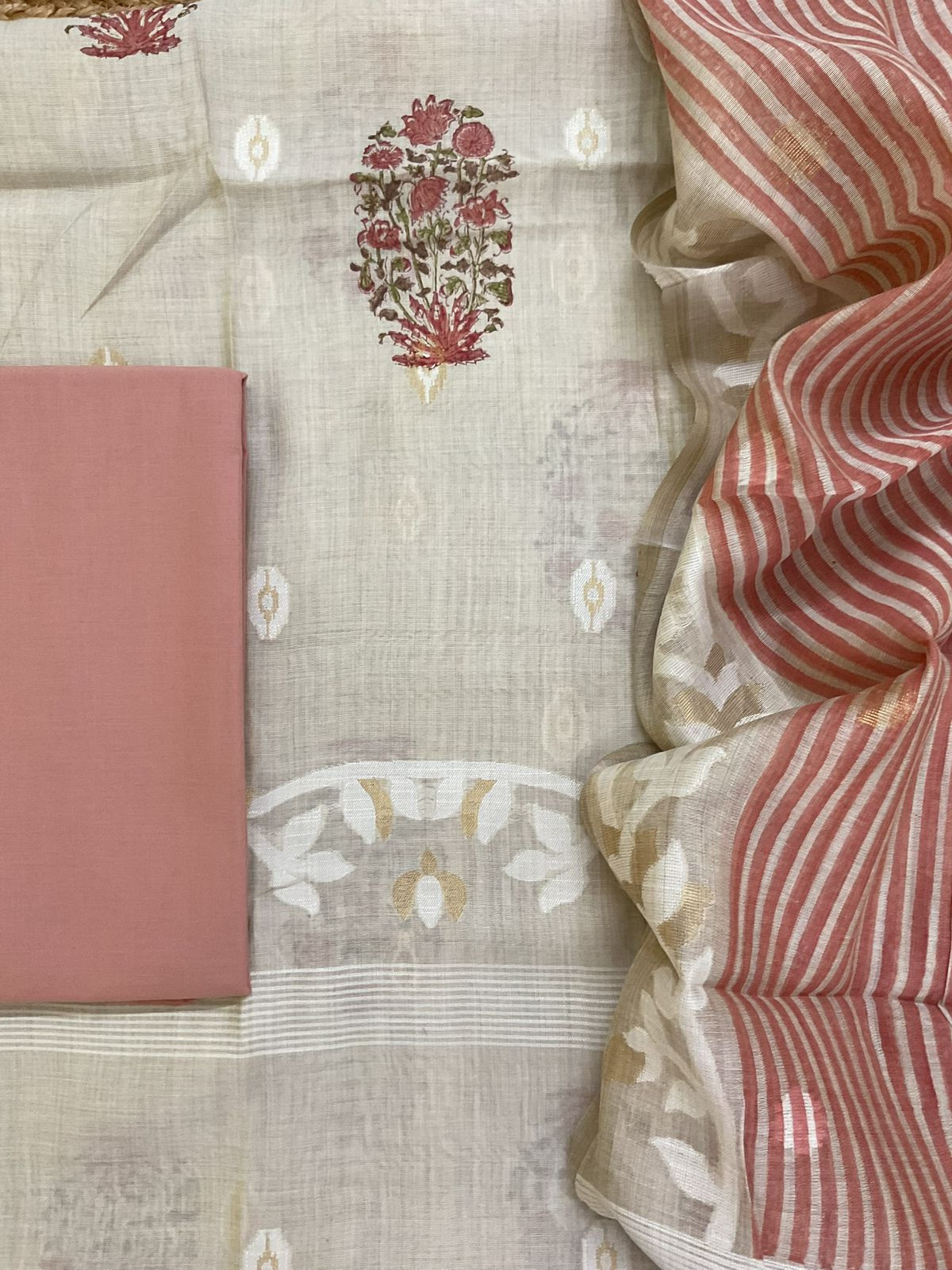 Pure Slub Chanderi Printed Jamdani Weaved Suit - Beige