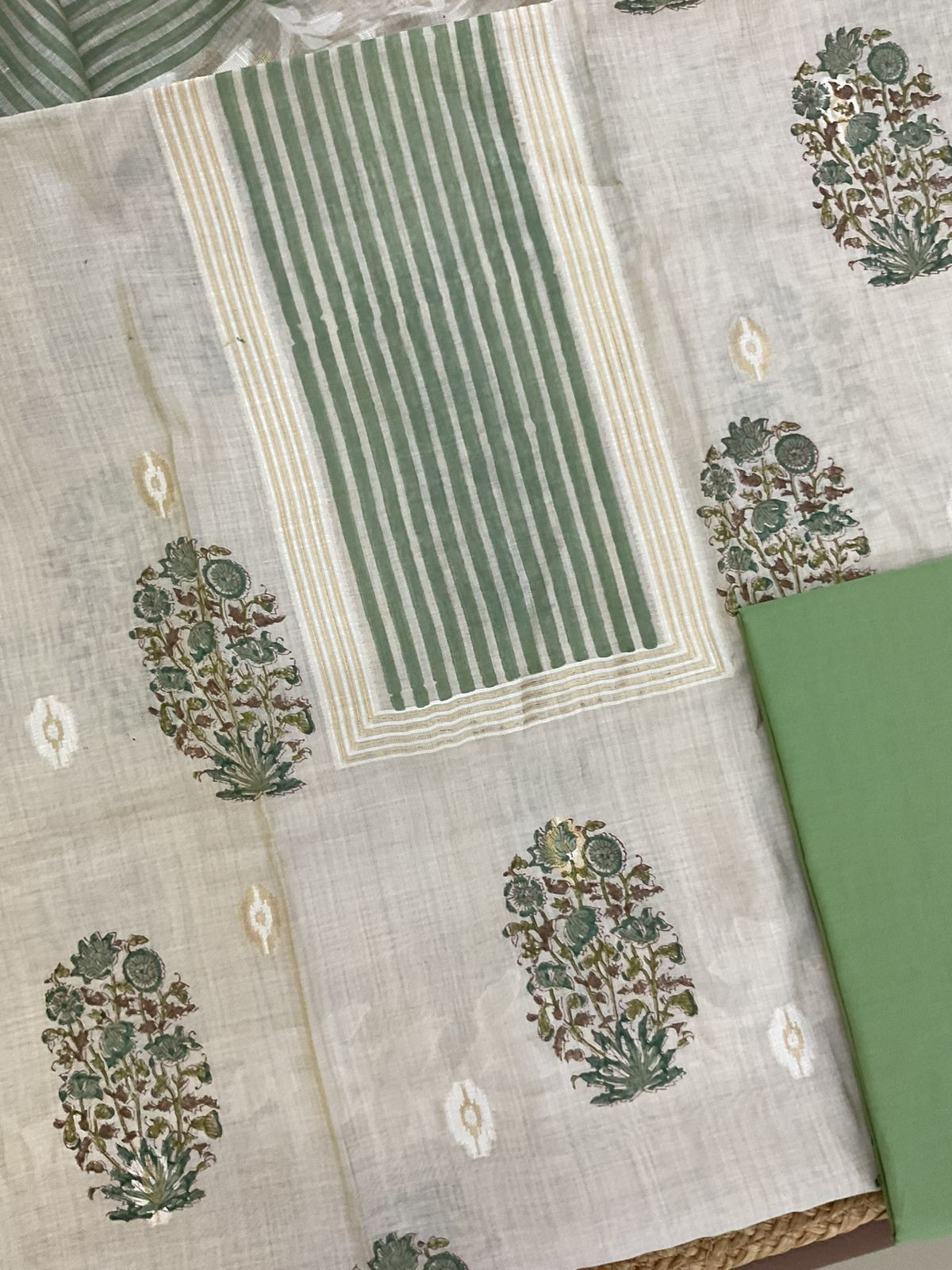 Pure Slub Chanderi Printed Jamdani Weaved Suit - Beige