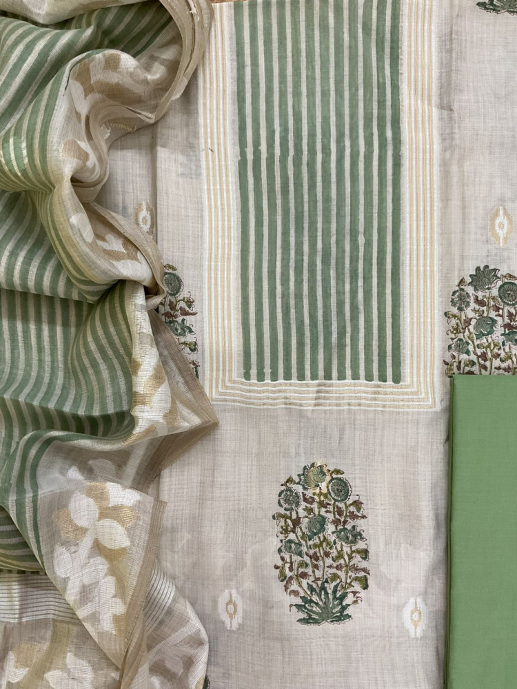 Image of Pure Slub Chanderi Printed Jamdani Weaved Suit - Beige