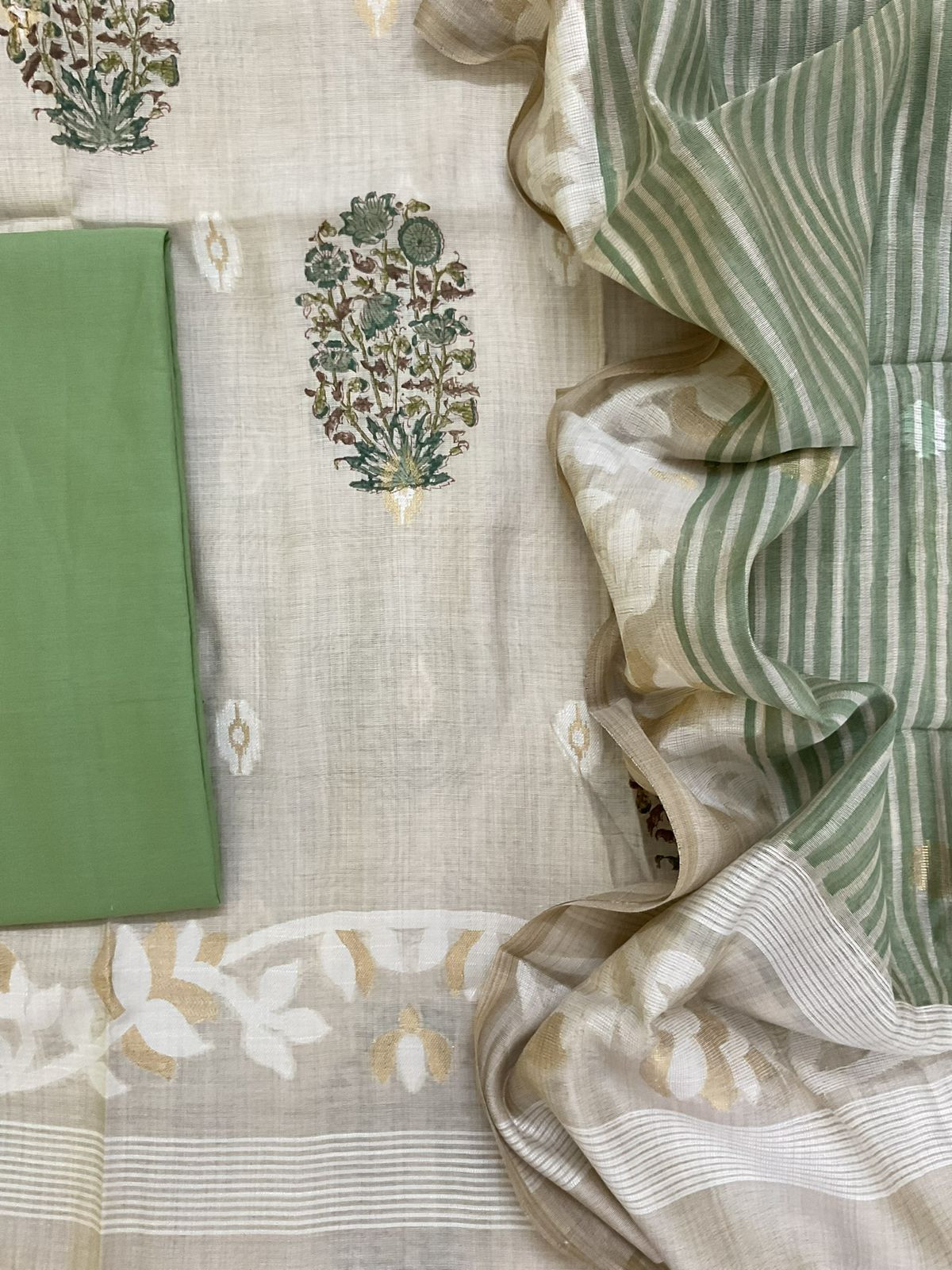 Pure Slub Chanderi Printed Jamdani Weaved Suit - Beige