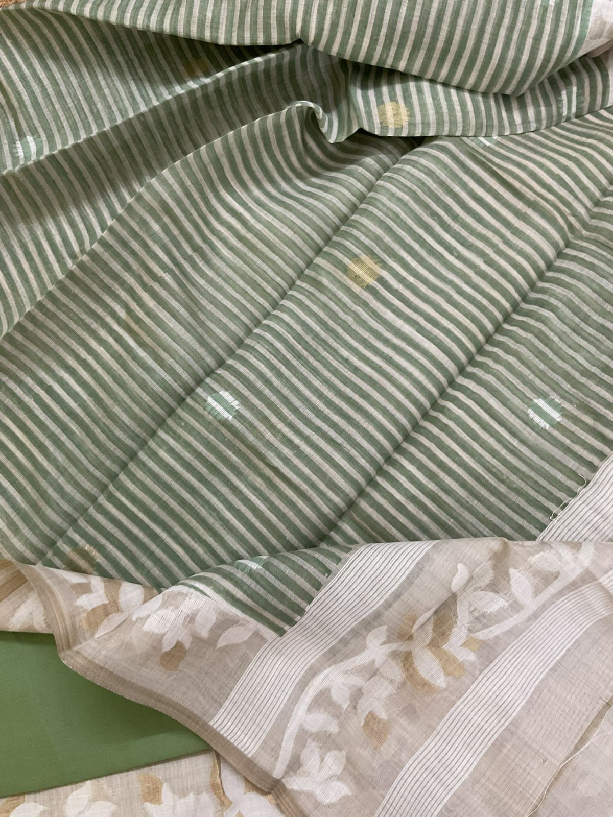 Pure Slub Chanderi Printed Jamdani Weaved Suit - Beige