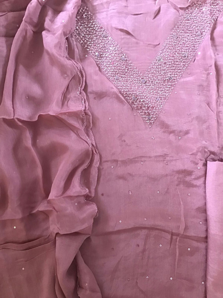 Image of Pure Chinnon Silk Embroidered Suit - Pink