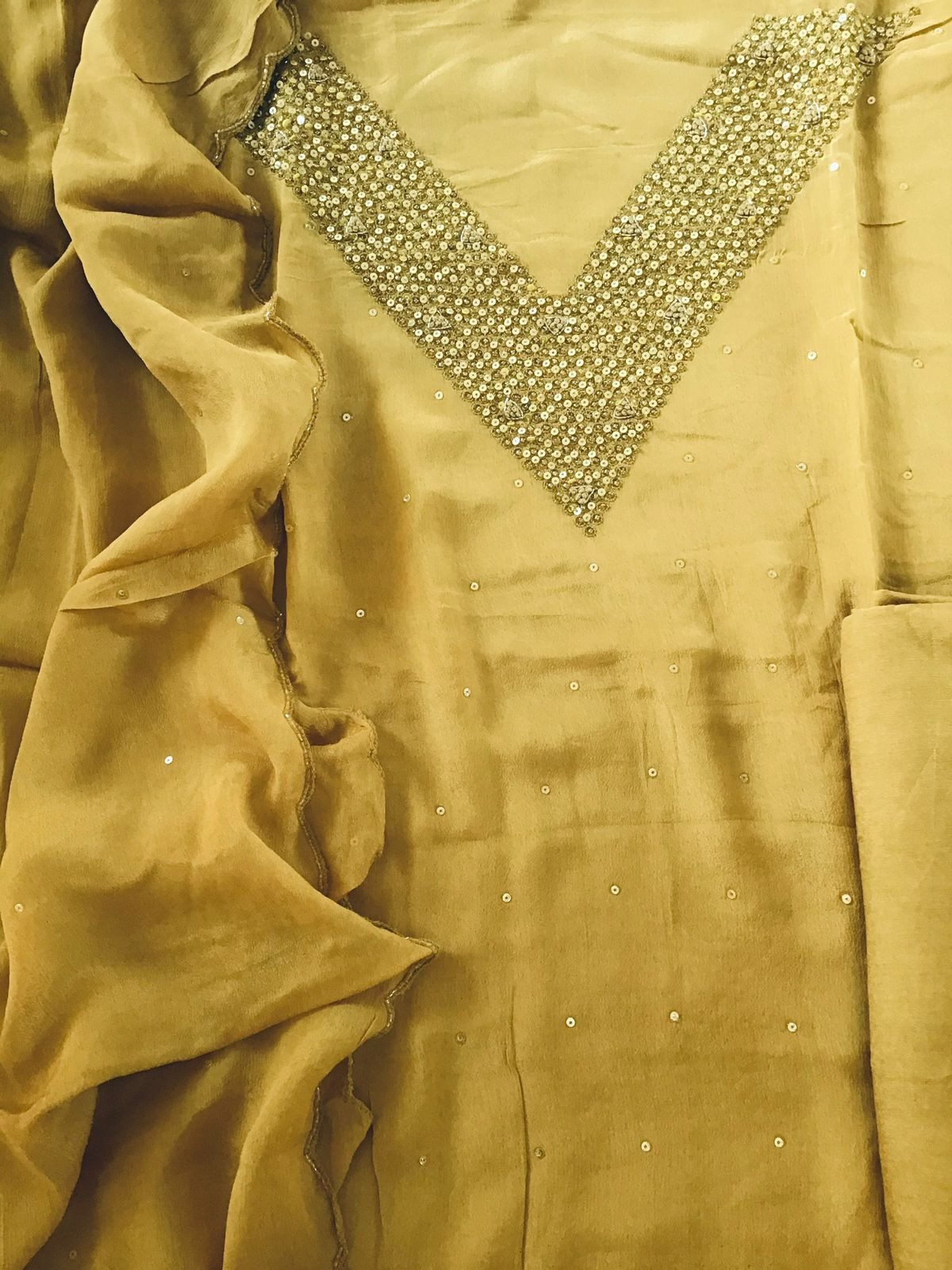 Pure Chinnon Silk Embroidered Suit - Yellow