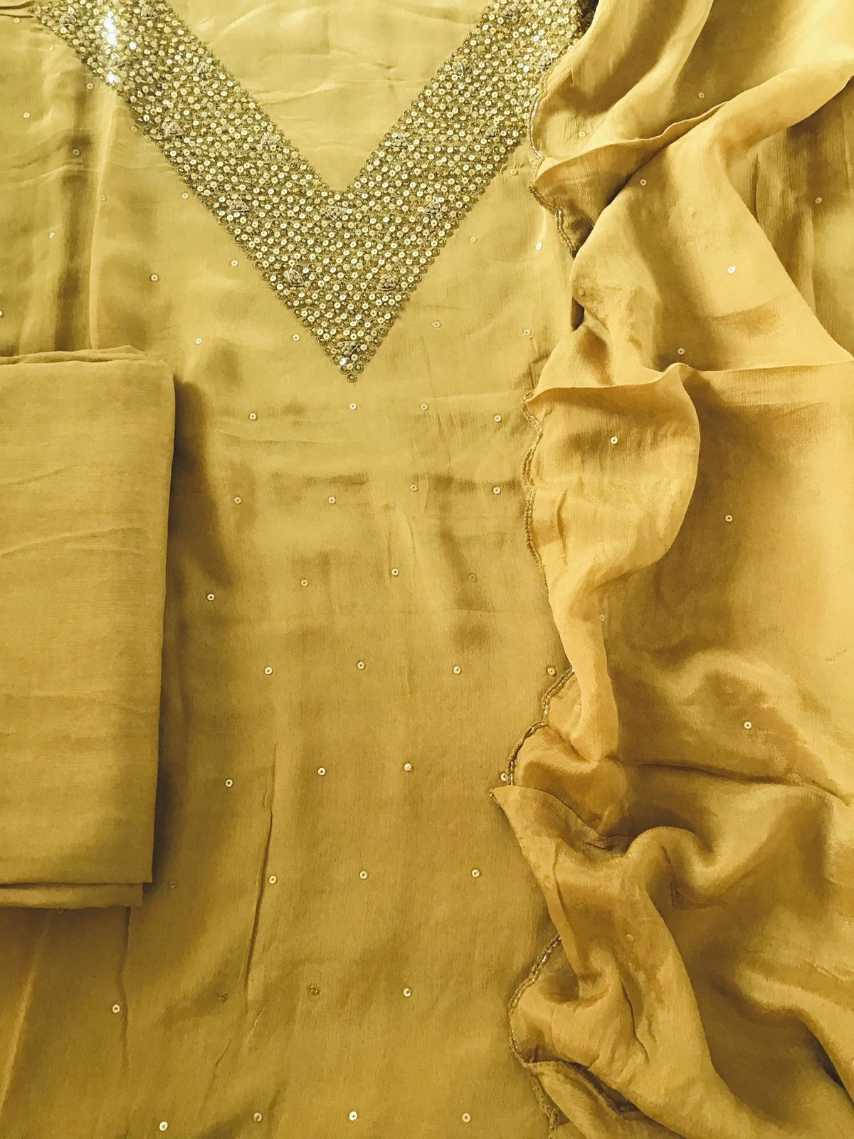 Pure Chinnon Silk Embroidered Suit - Yellow