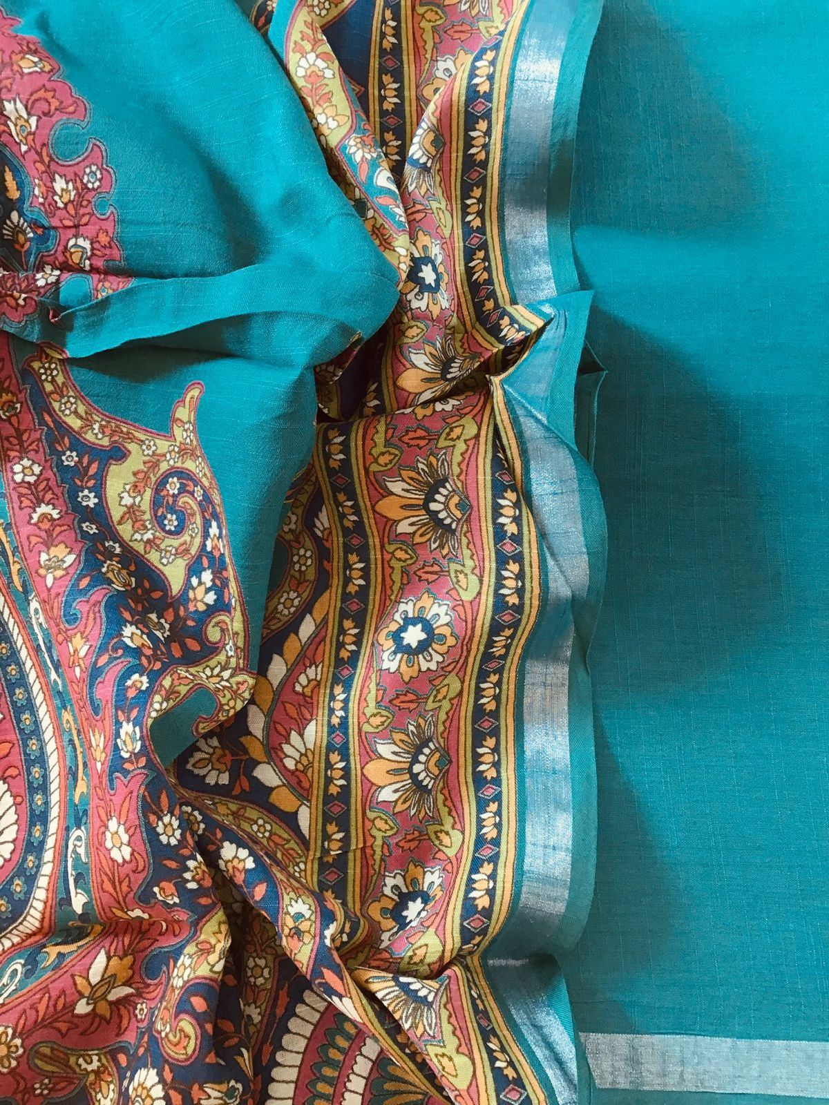 Pure Linen Jute Cotton Printed Suit - Blue