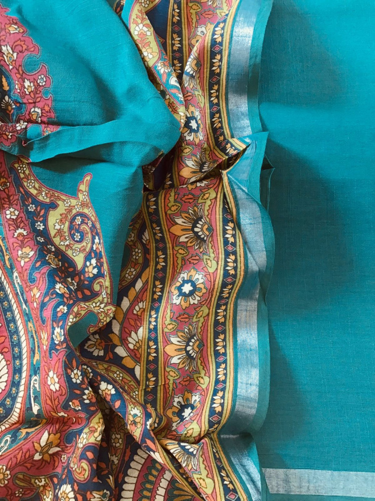 Image of Pure Linen Jute Cotton Printed Suit - Blue