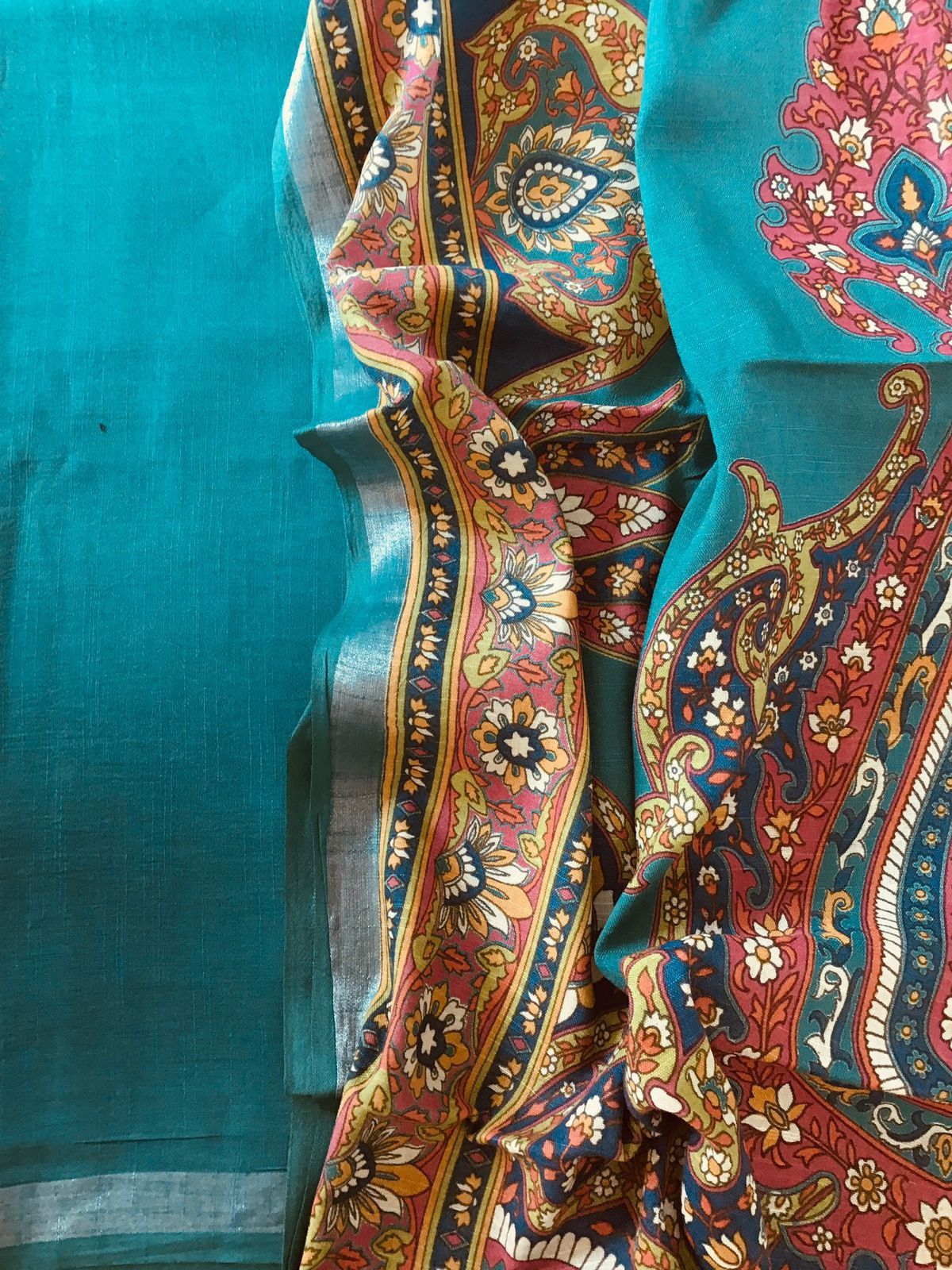 Pure Linen Jute Cotton Printed Suit - Blue