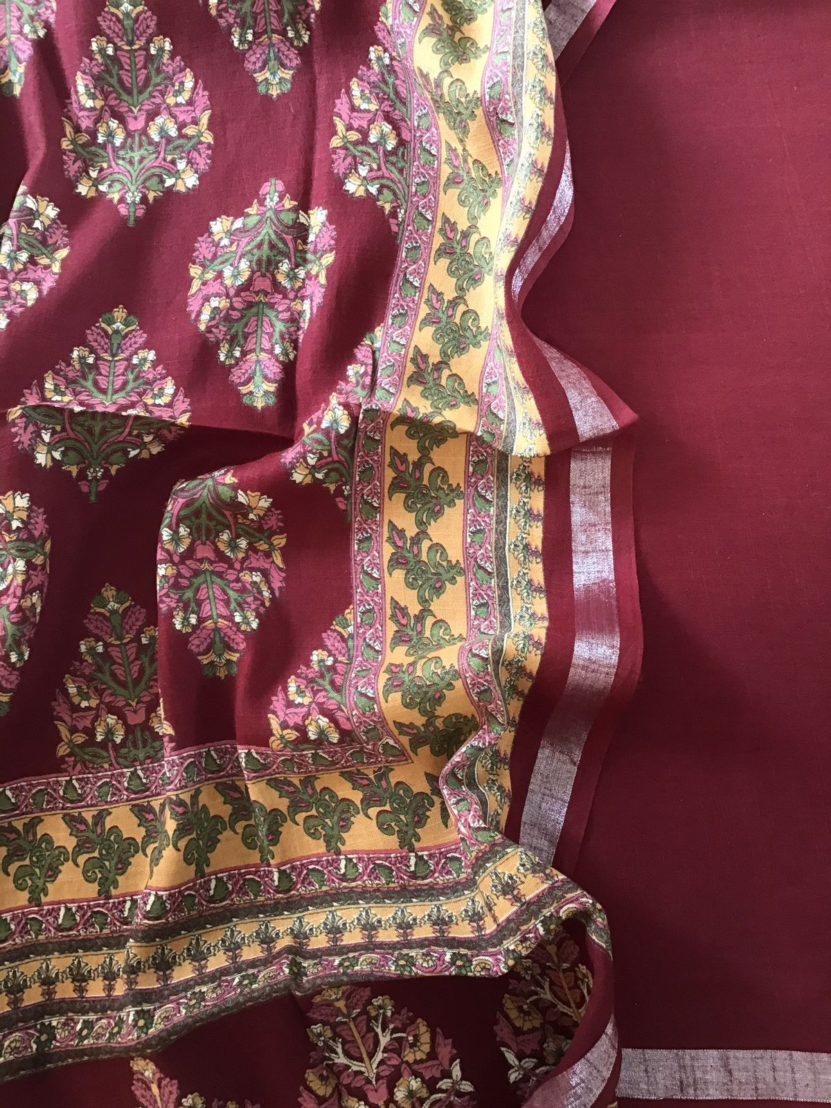 Pure Linen Jute Cotton Printed Suit - Maroon