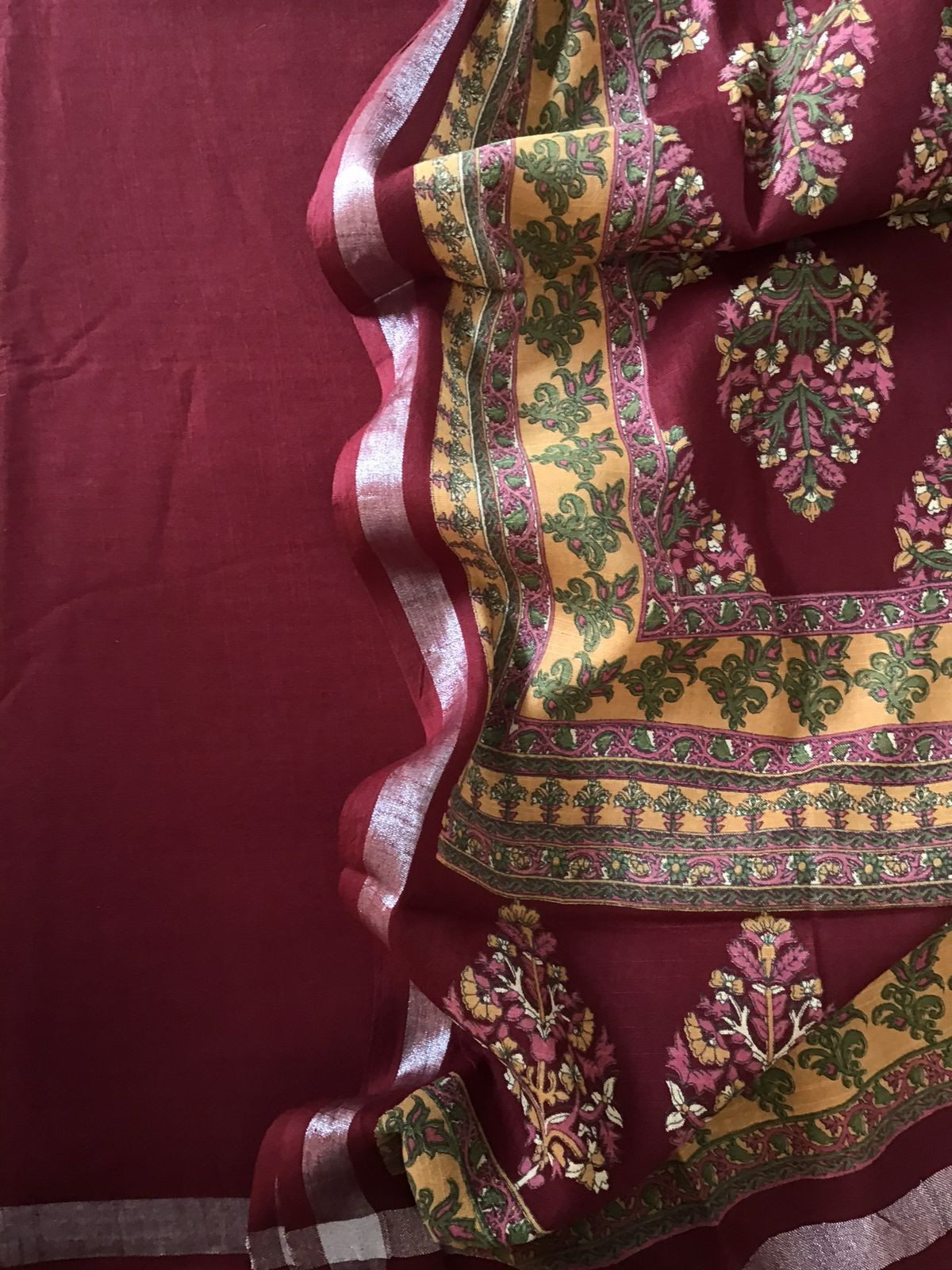 Pure Linen Jute Cotton Printed Suit - Maroon