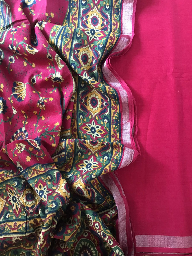 Image of Pure Linen Jute Cotton Printed Suit - Pink