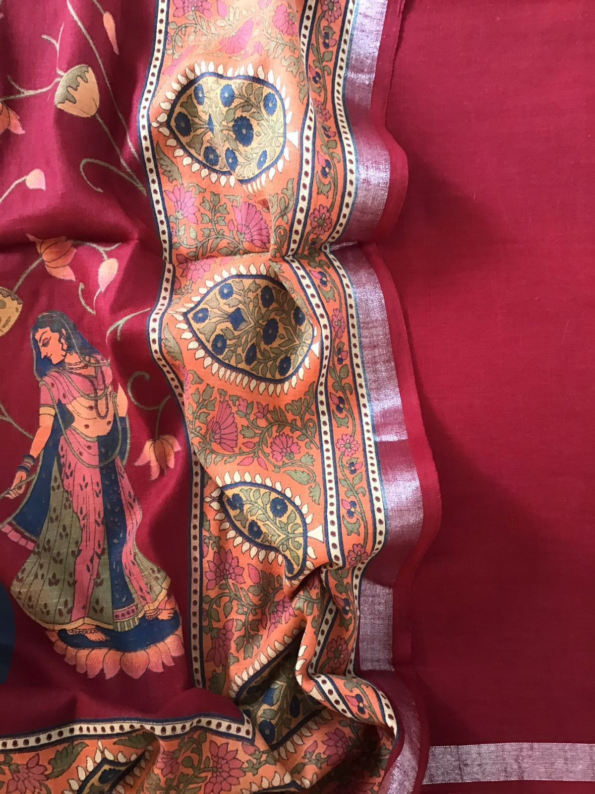 Pure Linen Jute Cotton Printed Suit - Dark Red