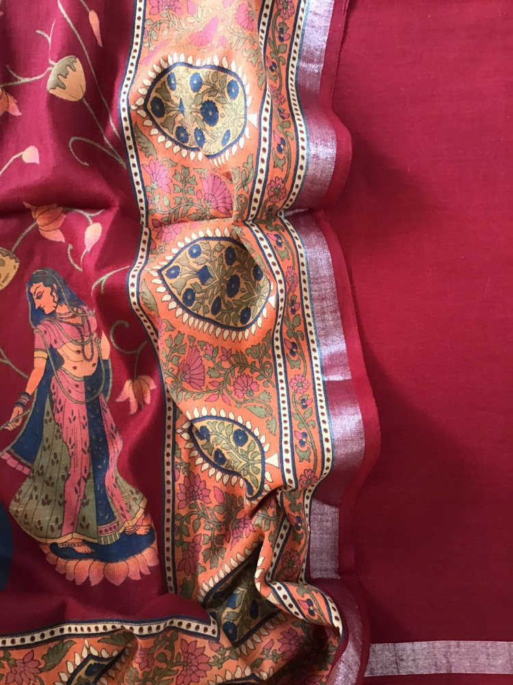 Image of Pure Linen Jute Cotton Printed Suit - Dark Red