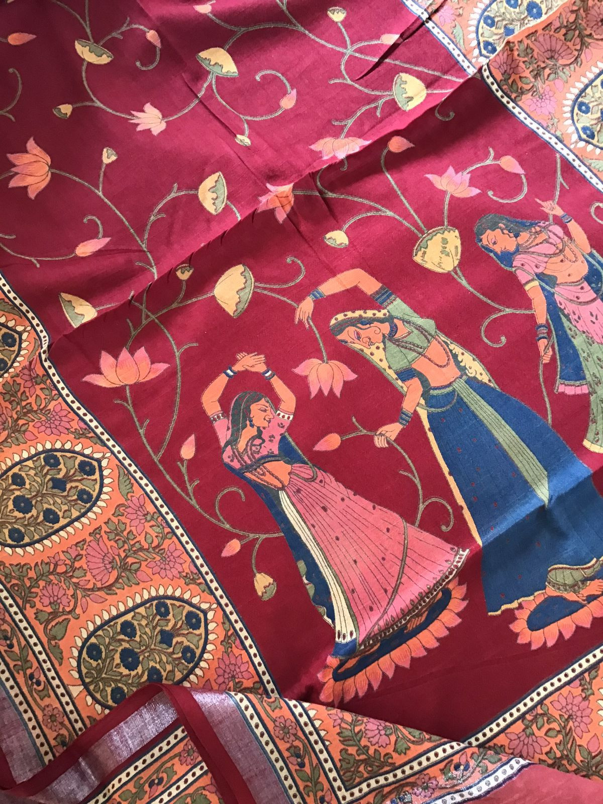 Pure Linen Jute Cotton Printed Suit - Dark Red