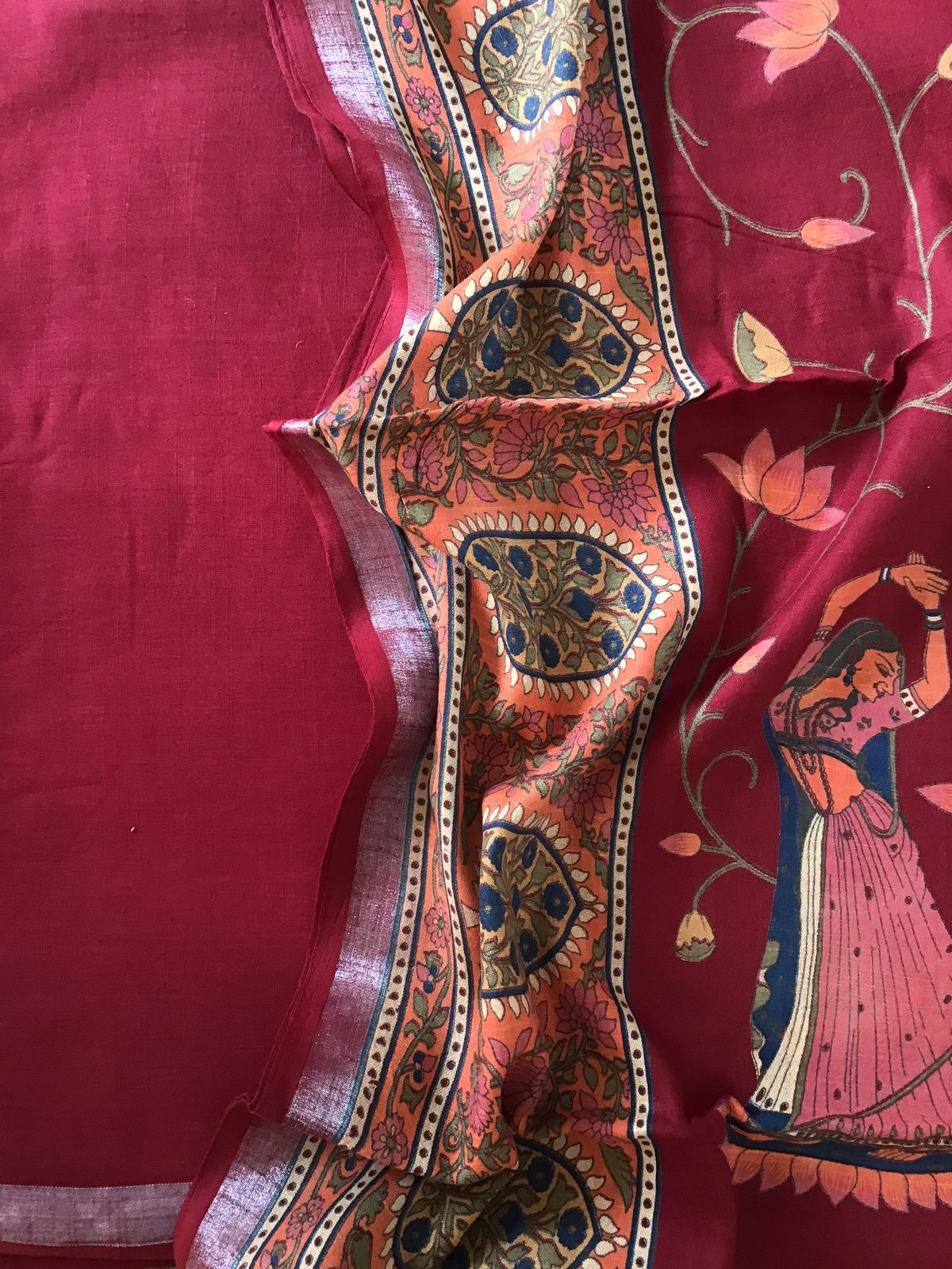 Pure Linen Jute Cotton Printed Suit - Dark Red