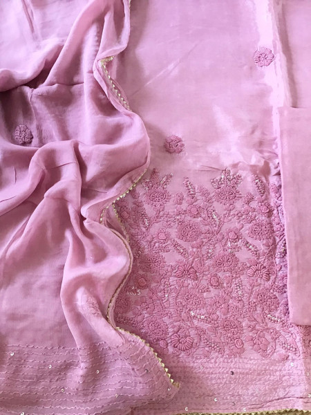 Image of Soft Dola Silk Embroidered Suit - Pink