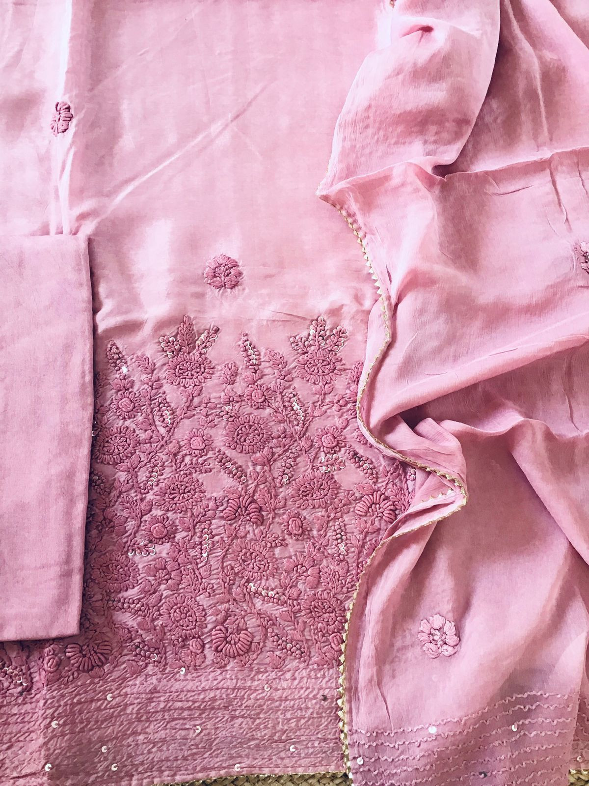 Soft Dola Silk Embroidered Suit - Pink