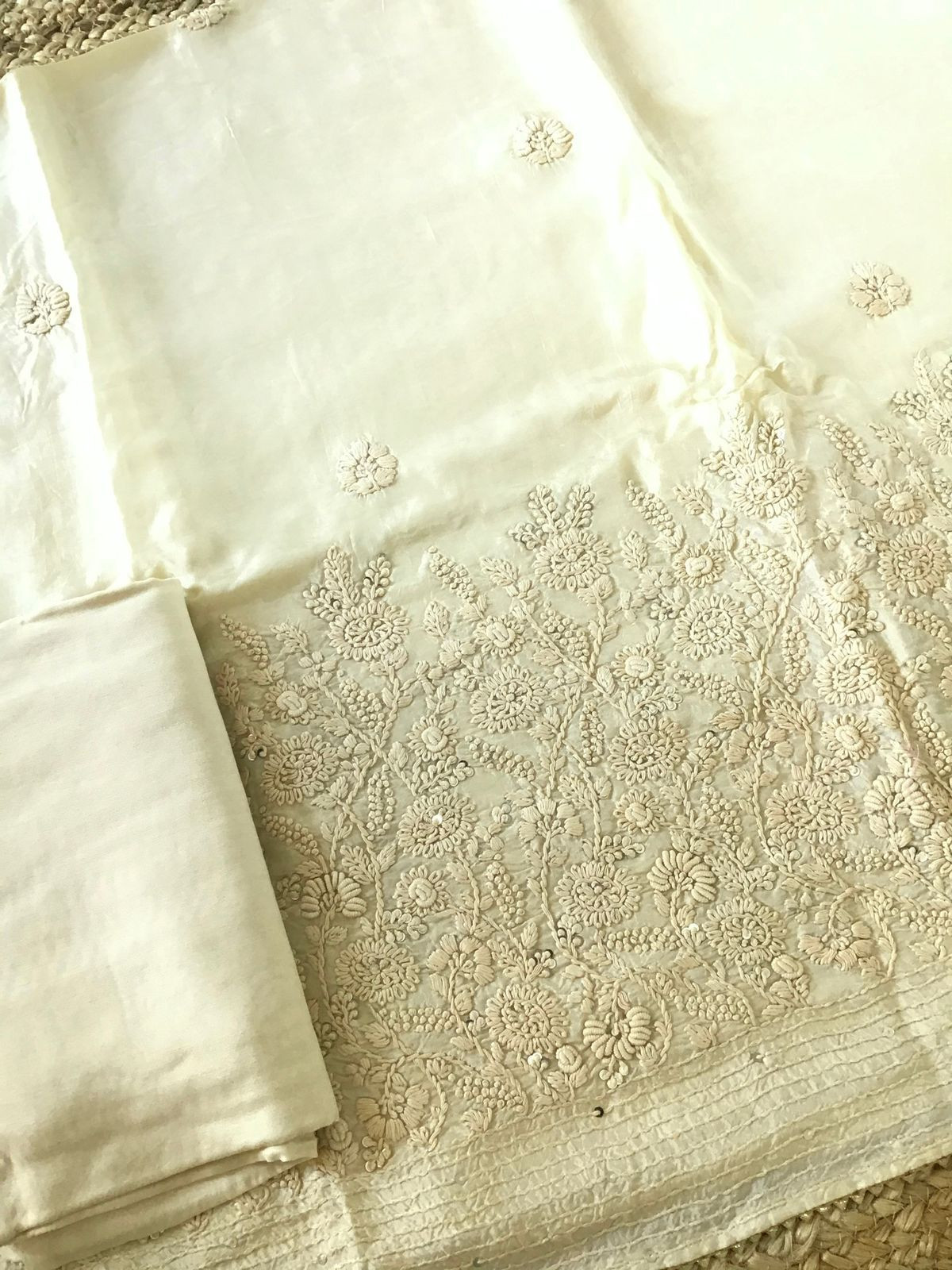 Soft Dola Silk Embroidered Suit - Cream