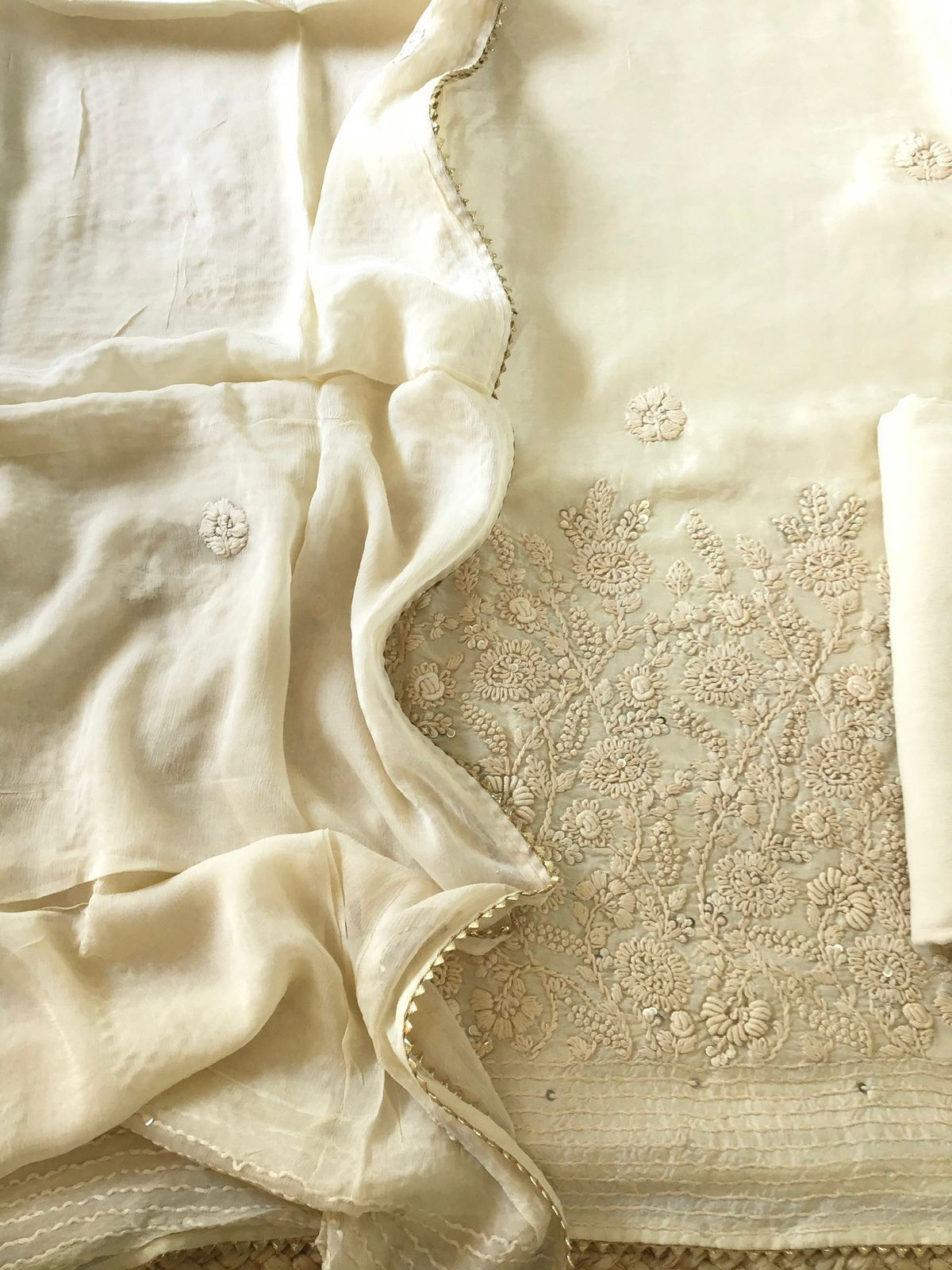 Soft Dola Silk Embroidered Suit - Cream