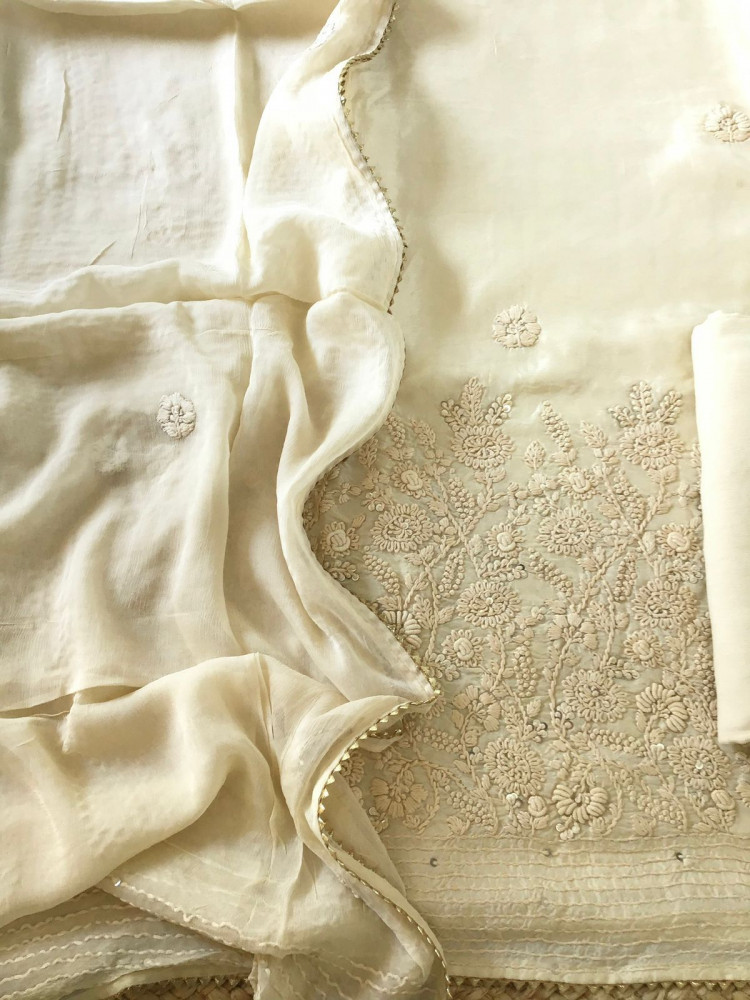 Image of Soft Dola Silk Embroidered Suit - Cream