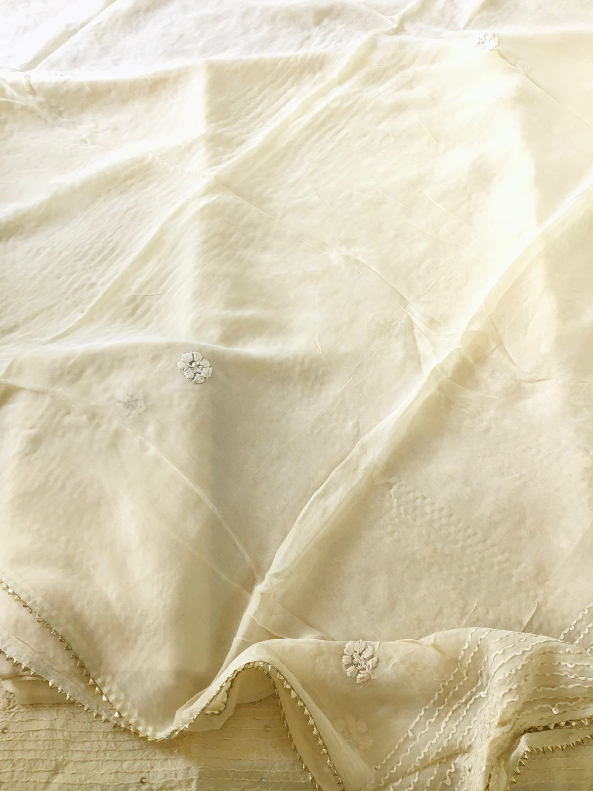 Soft Dola Silk Embroidered Suit - Cream