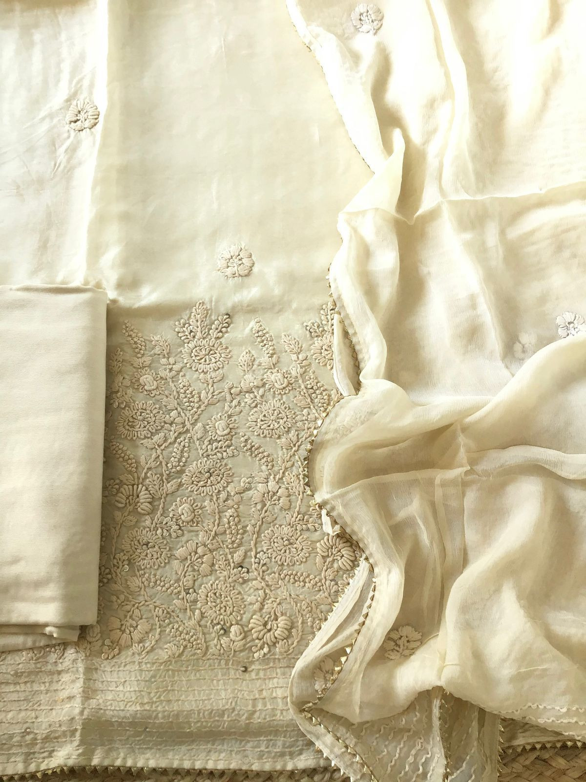Soft Dola Silk Embroidered Suit - Cream