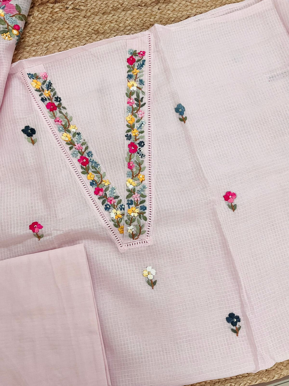 Soft Kota Silk Brush Painted Embroidered Suit - Pink