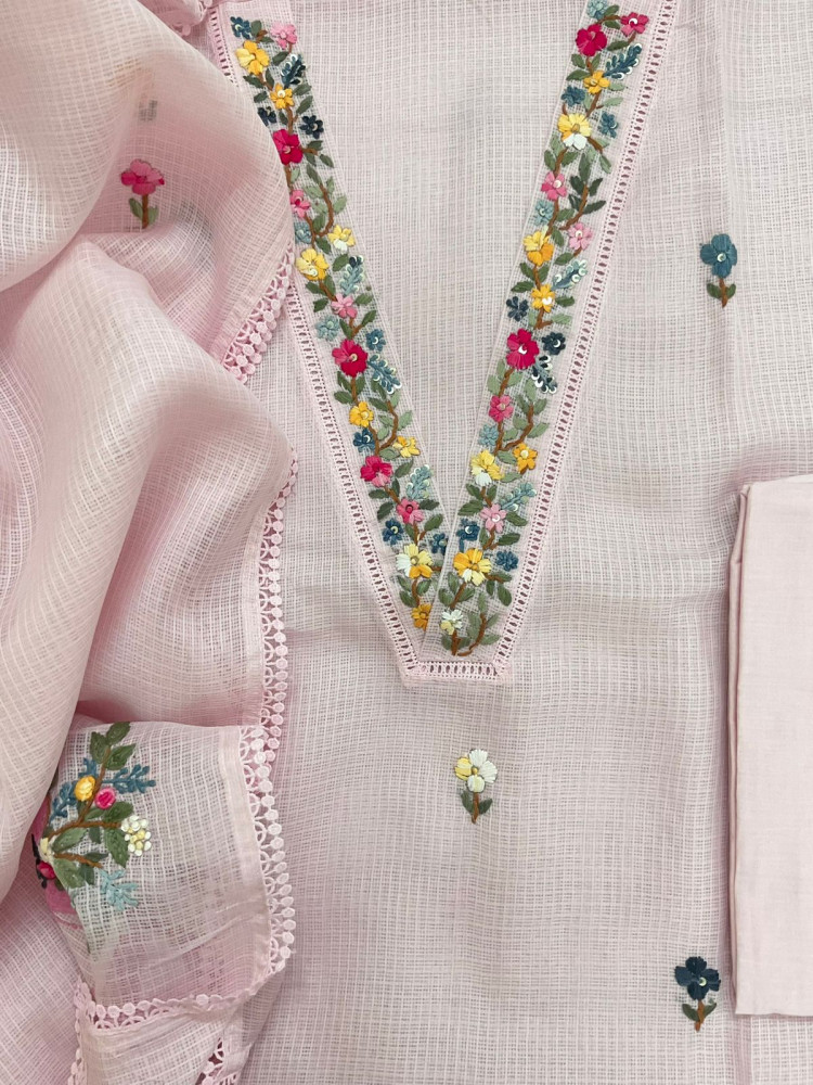 Image of Soft Kota Silk Brush Painted Embroidered Suit - Pink