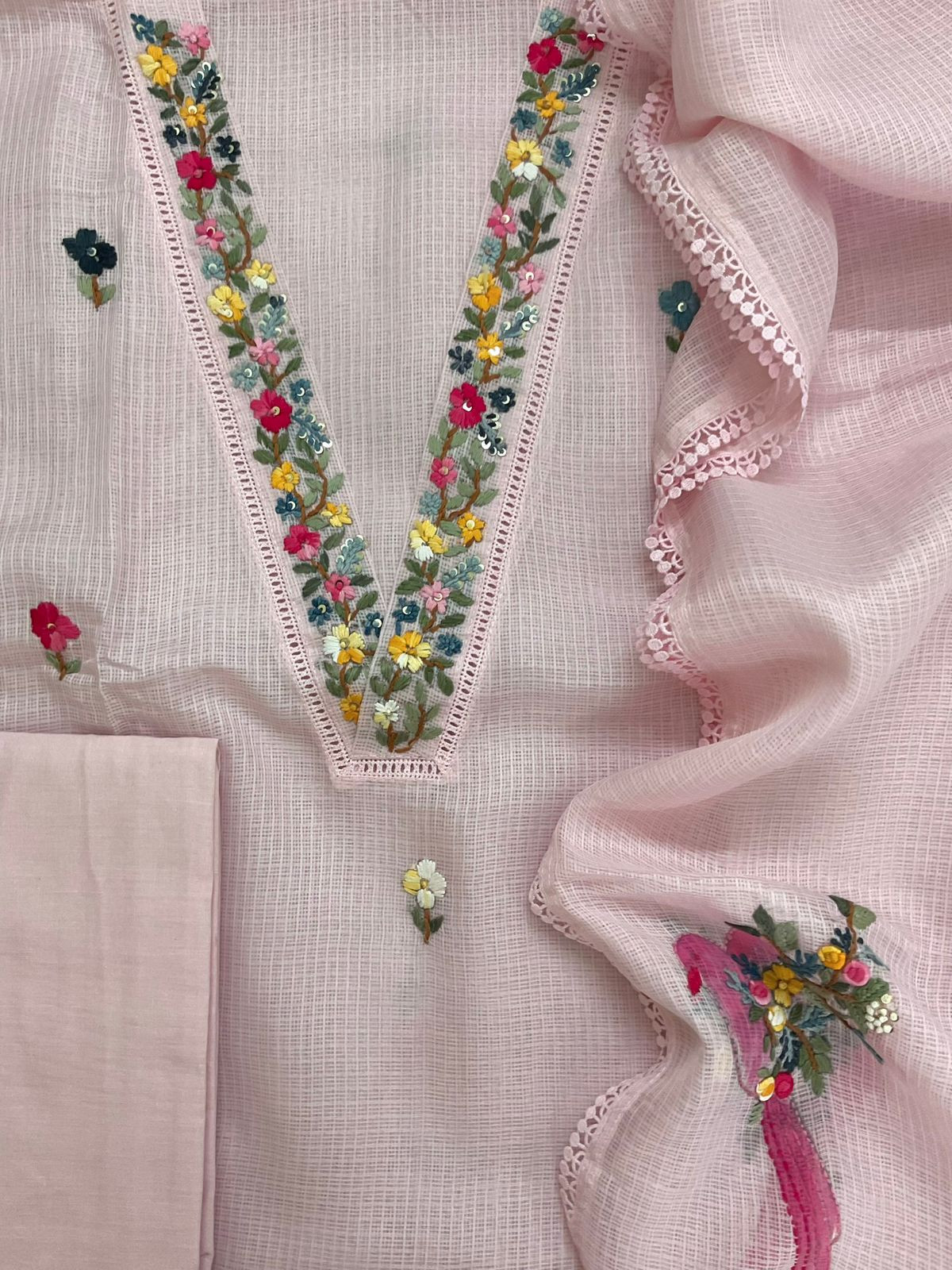 Soft Kota Silk Brush Painted Embroidered Suit - Pink