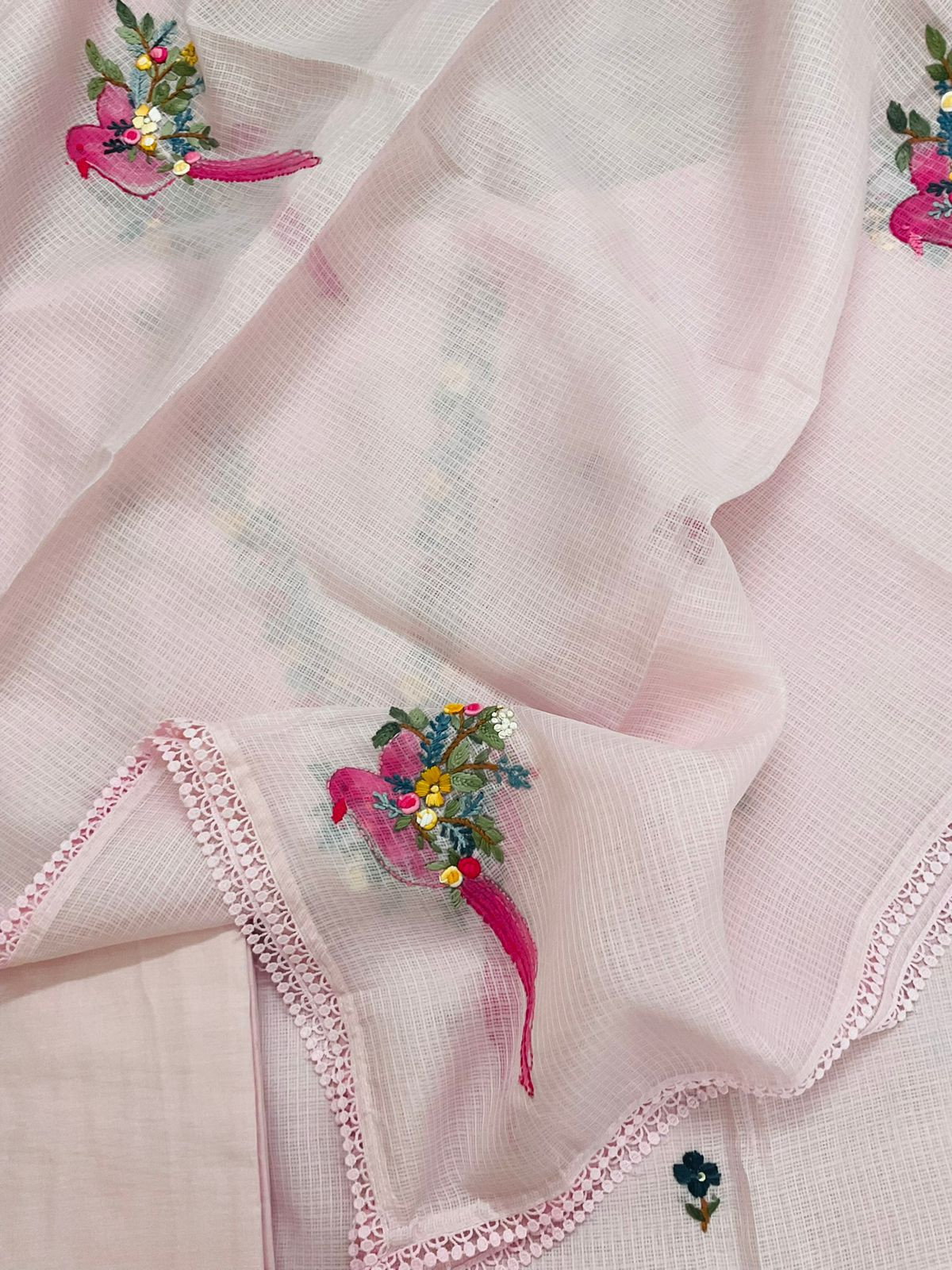 Soft Kota Silk Brush Painted Embroidered Suit - Pink