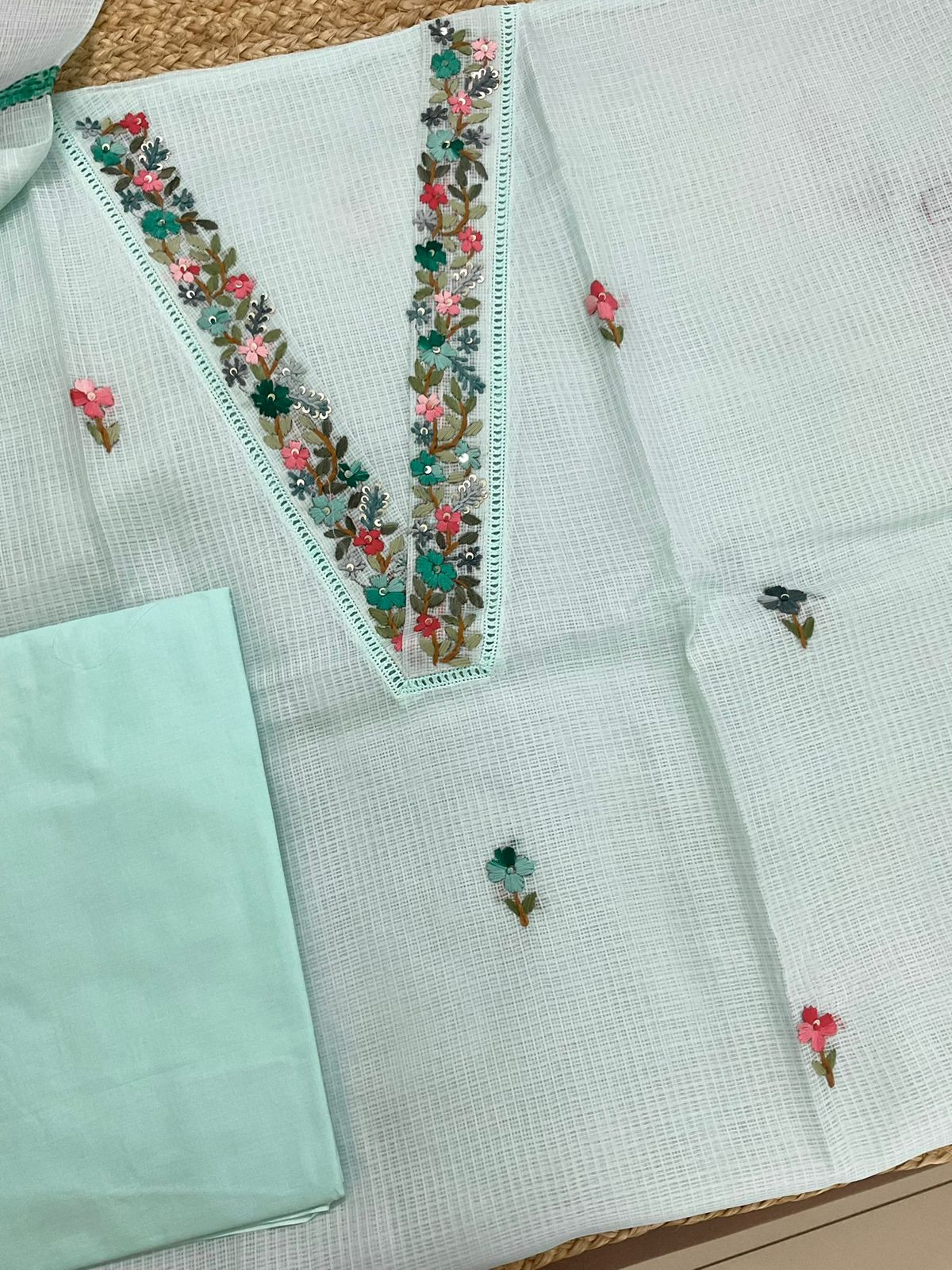 Soft Kota Silk Brush Painted Embroidered Suit - Blue