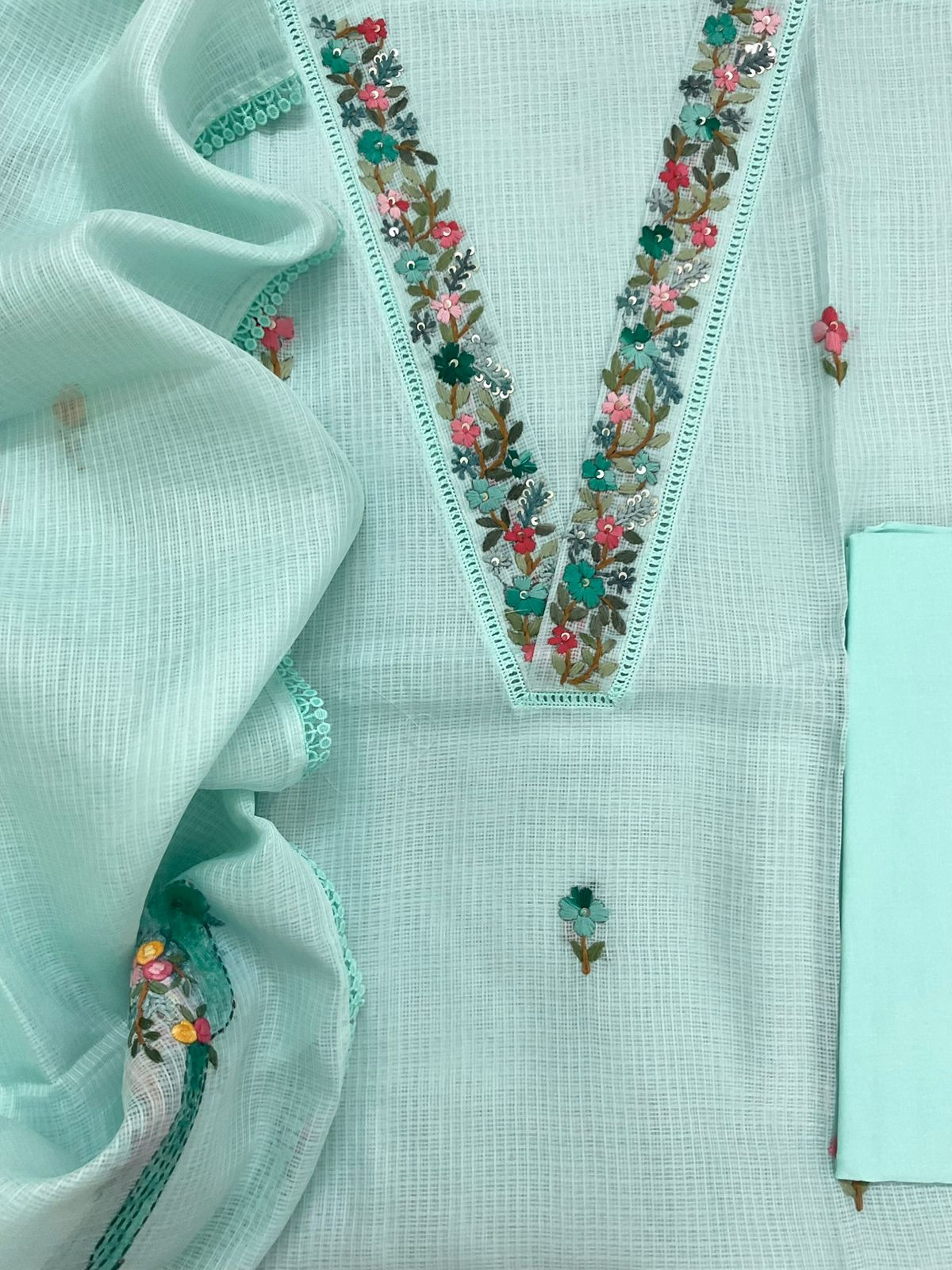 Soft Kota Silk Brush Painted Embroidered Suit - Blue