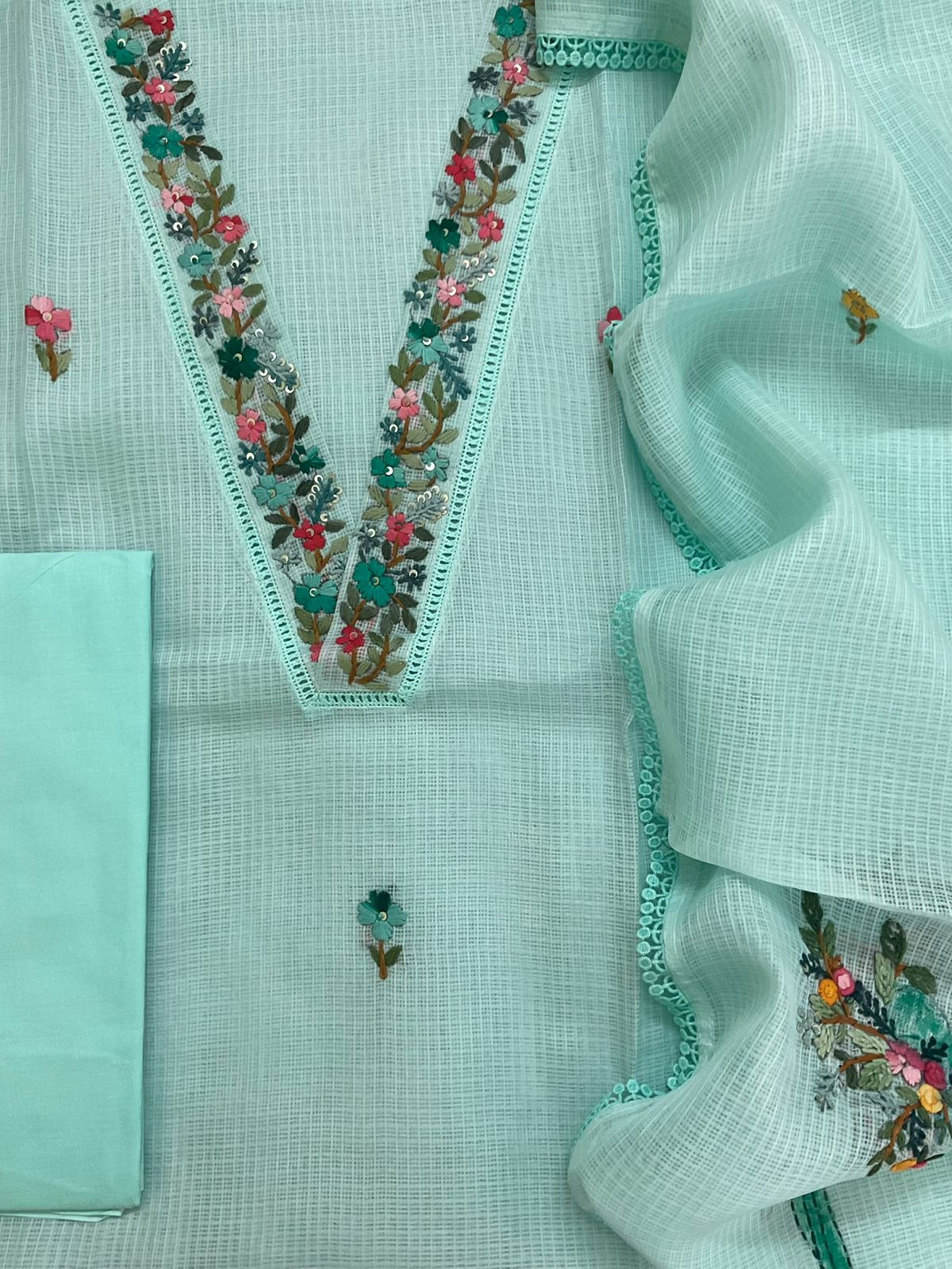 Soft Kota Silk Brush Painted Embroidered Suit - Blue