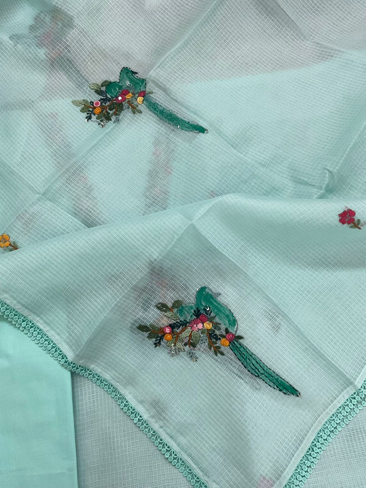 Soft Kota Silk Brush Painted Embroidered Suit - Blue