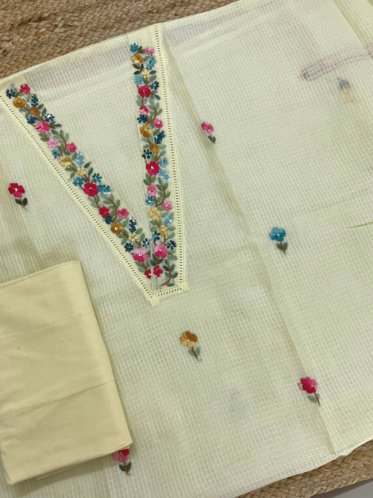 Soft Kota Silk Brush Painted Embroidered Suit - Yellow