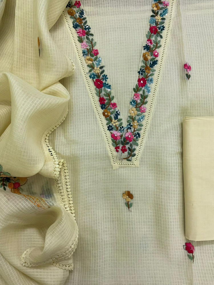 Image of Soft Kota Silk Brush Painted Embroidered Suit - Yellow