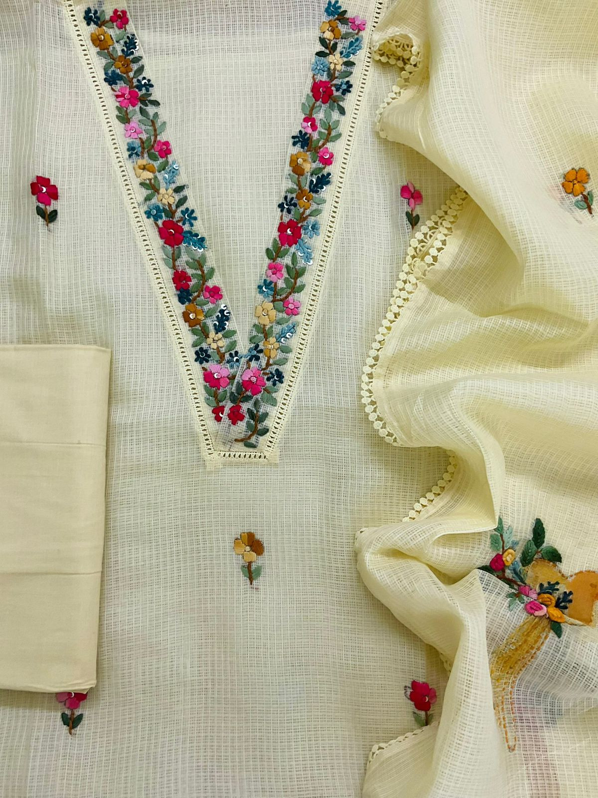 Soft Kota Silk Brush Painted Embroidered Suit - Yellow