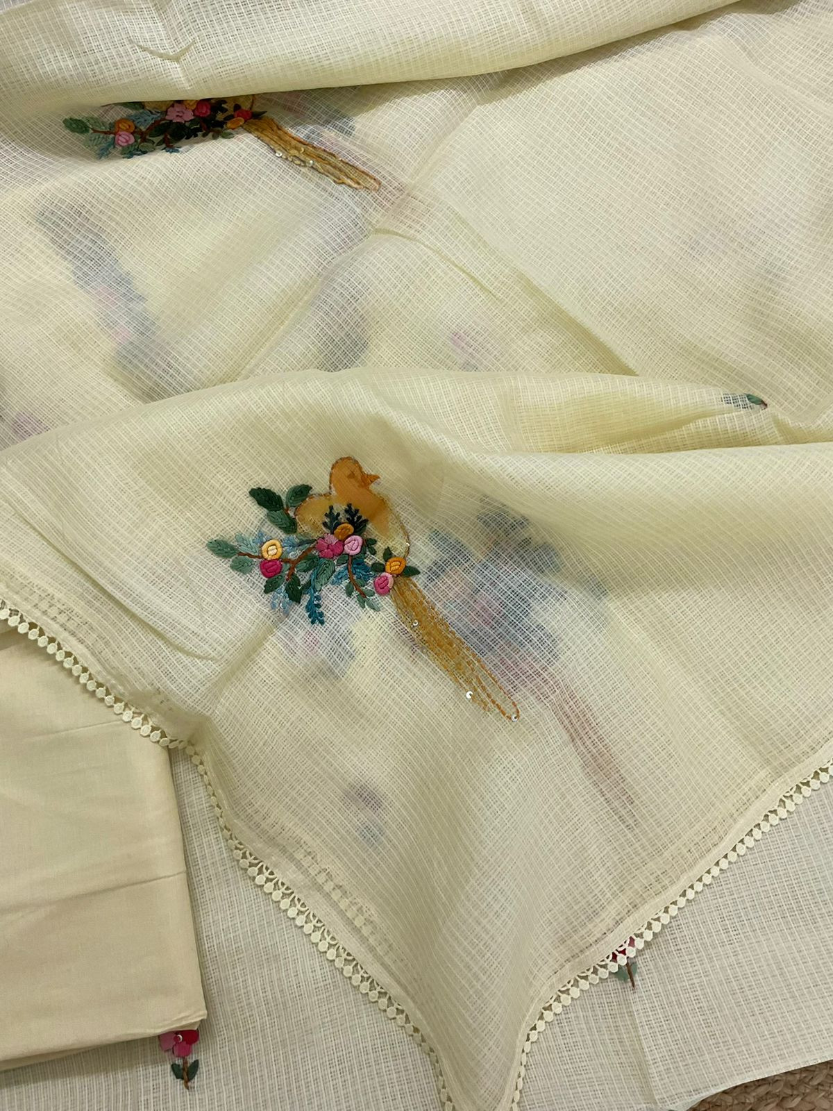 Soft Kota Silk Brush Painted Embroidered Suit - Yellow