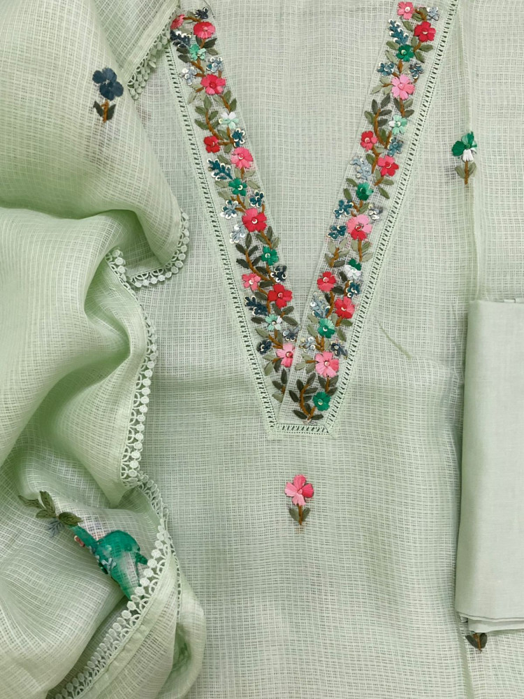 Image of Soft Kota Silk Brush Painted Embroidered Suit - Green