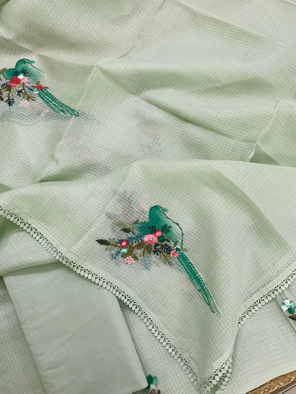 Soft Kota Silk Brush Painted Embroidered Suit - Green