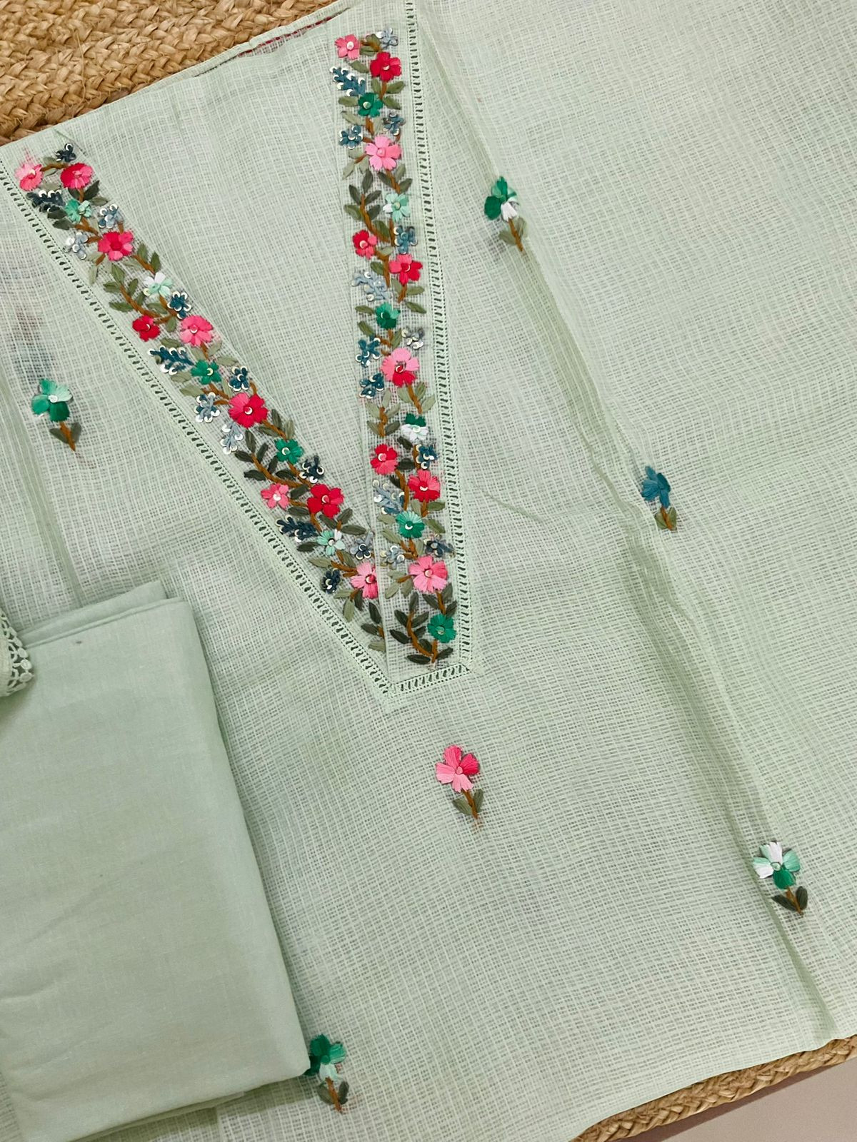 Soft Kota Silk Brush Painted Embroidered Suit - Green
