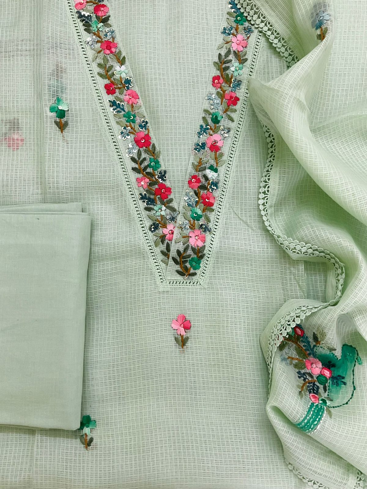 Soft Kota Silk Brush Painted Embroidered Suit - Green