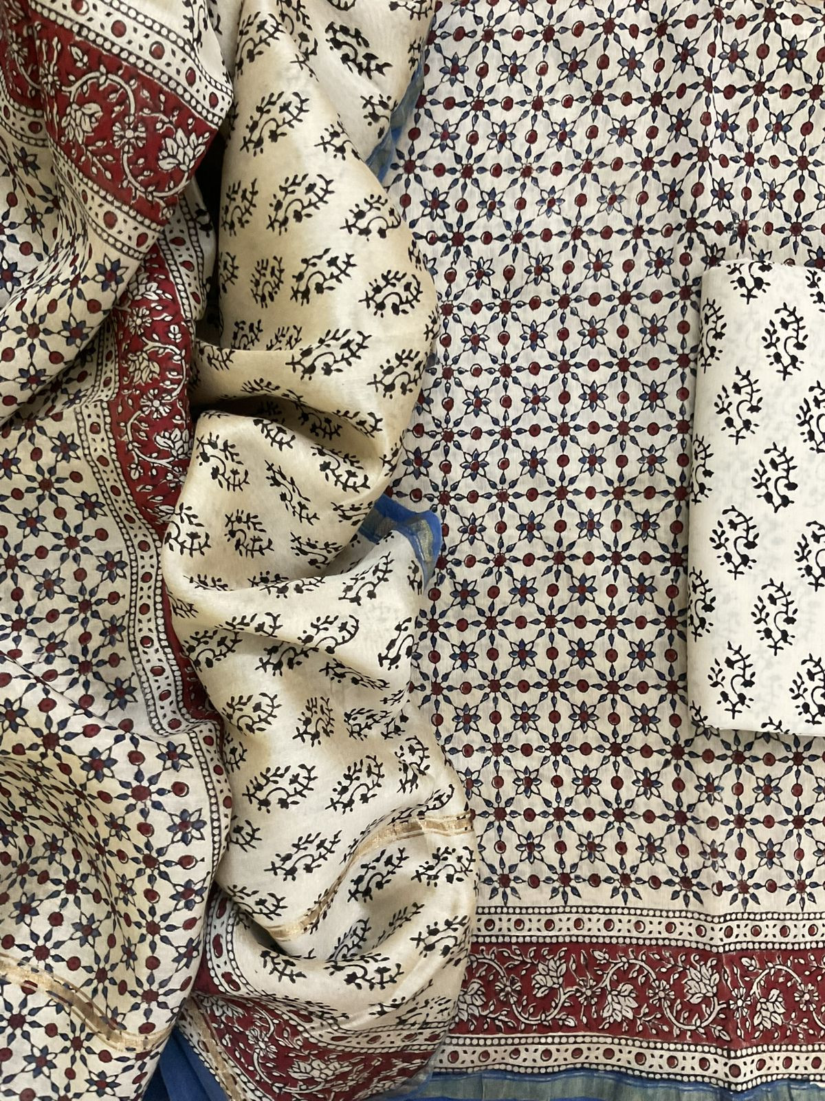 Pure Muslin Chanderi Block Printed Suit - Beige