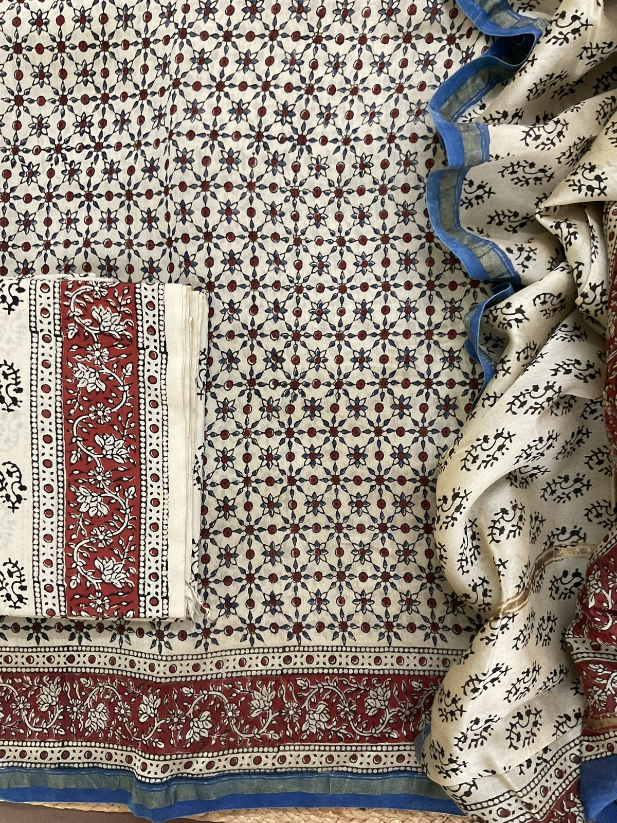 Pure Muslin Chanderi Block Printed Suit - Beige