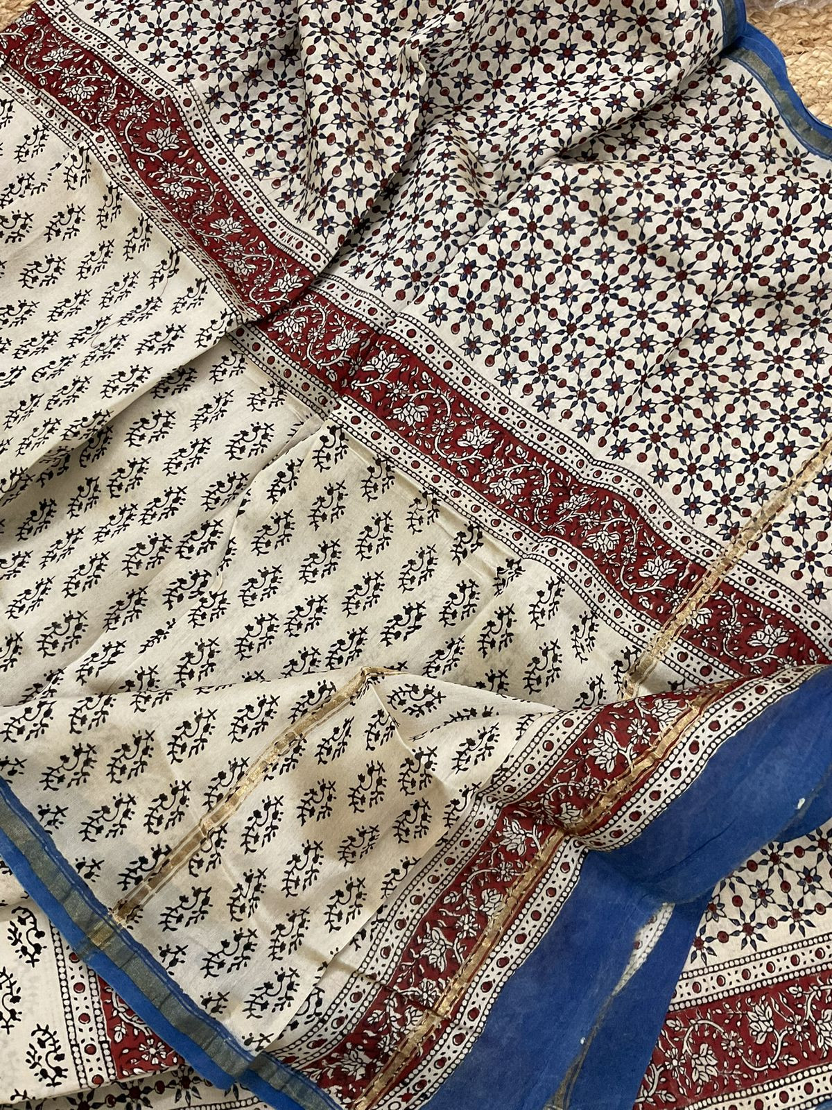 Pure Muslin Chanderi Block Printed Suit - Beige
