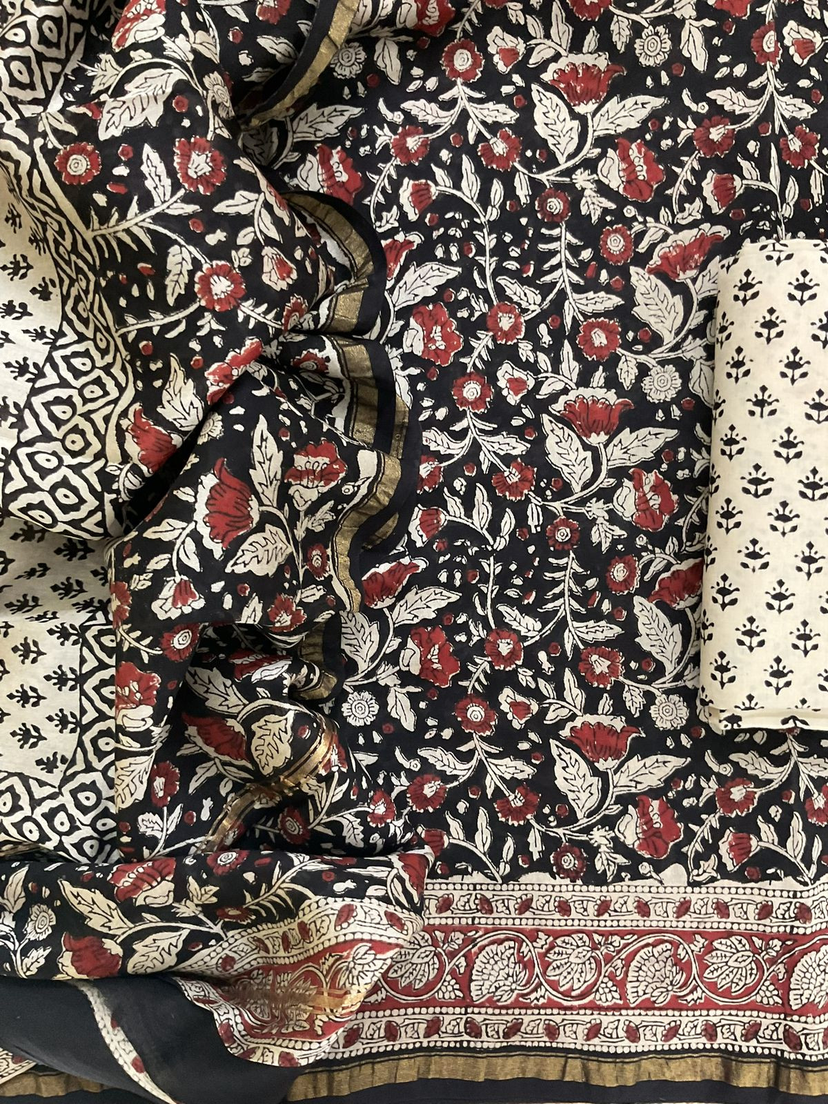 Pure Muslin Chanderi Block Printed Suit - Black