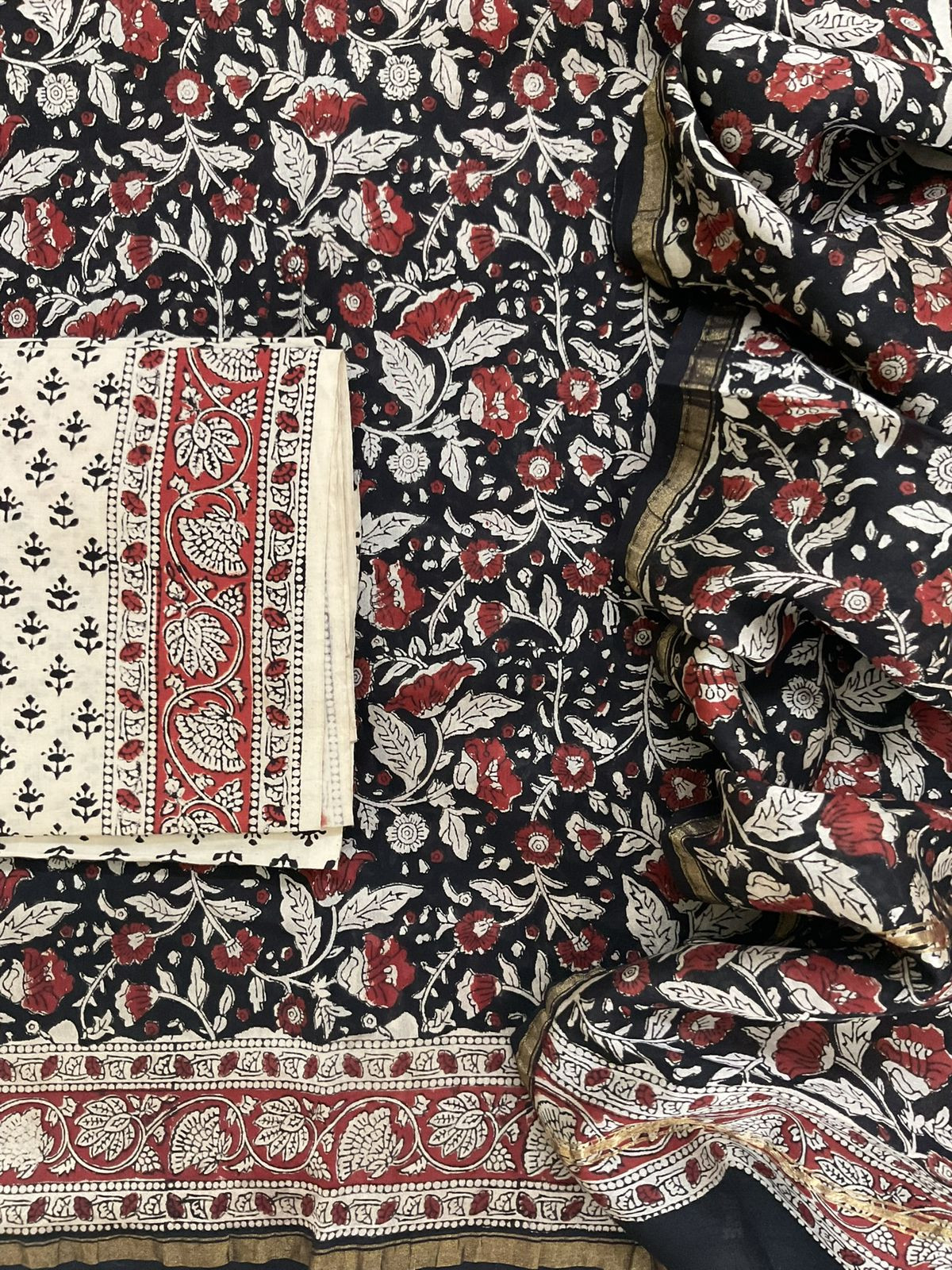 Pure Muslin Chanderi Block Printed Suit - Black