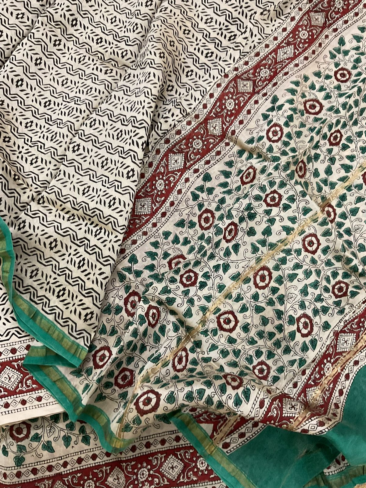 Pure Muslin Chanderi Block Printed Suit - Beige