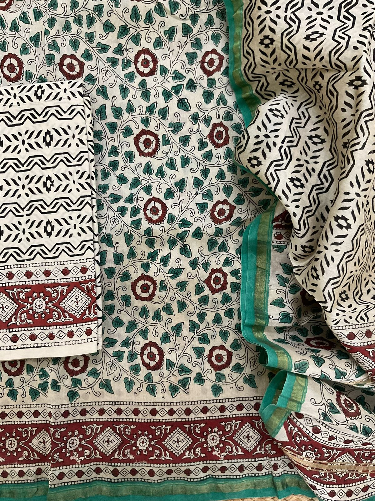 Pure Muslin Chanderi Block Printed Suit - Beige