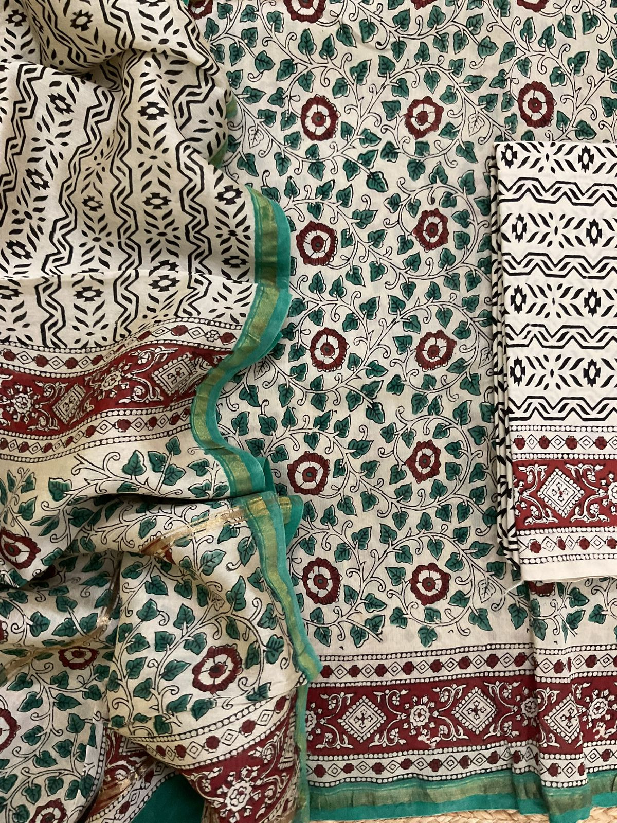 Pure Muslin Chanderi Block Printed Suit - Beige